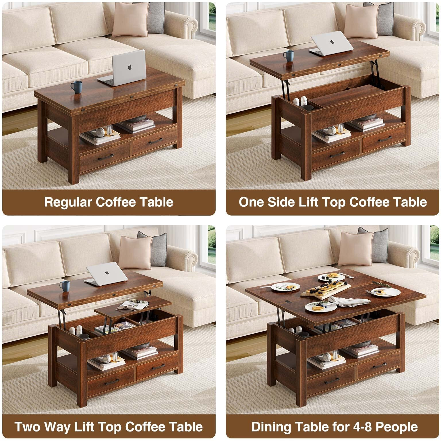 Rolanstar Coffee Table Lift Top, Multi-Function Convertible Coffee Table With Drawers And Hidden Compartment, Coffee Table Converts To Dining Table For Living Room, Home Office,Espresso