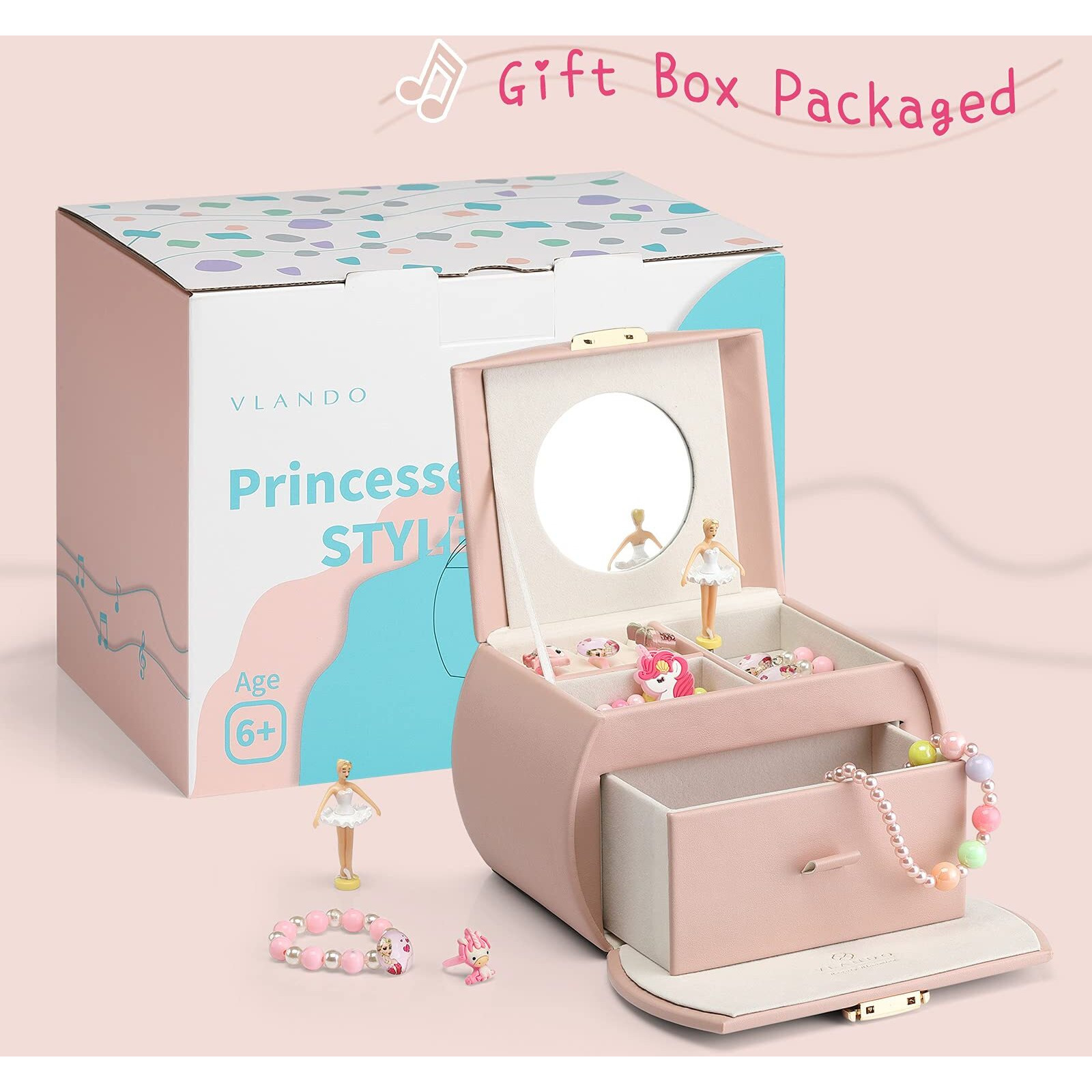 Vlando Kids Musical Jewelry Box For Girls With Drawer, Music Box With Ballerina And Stickers For Birthday Bedroom Decor, Gifts For Girls Kids - Pink