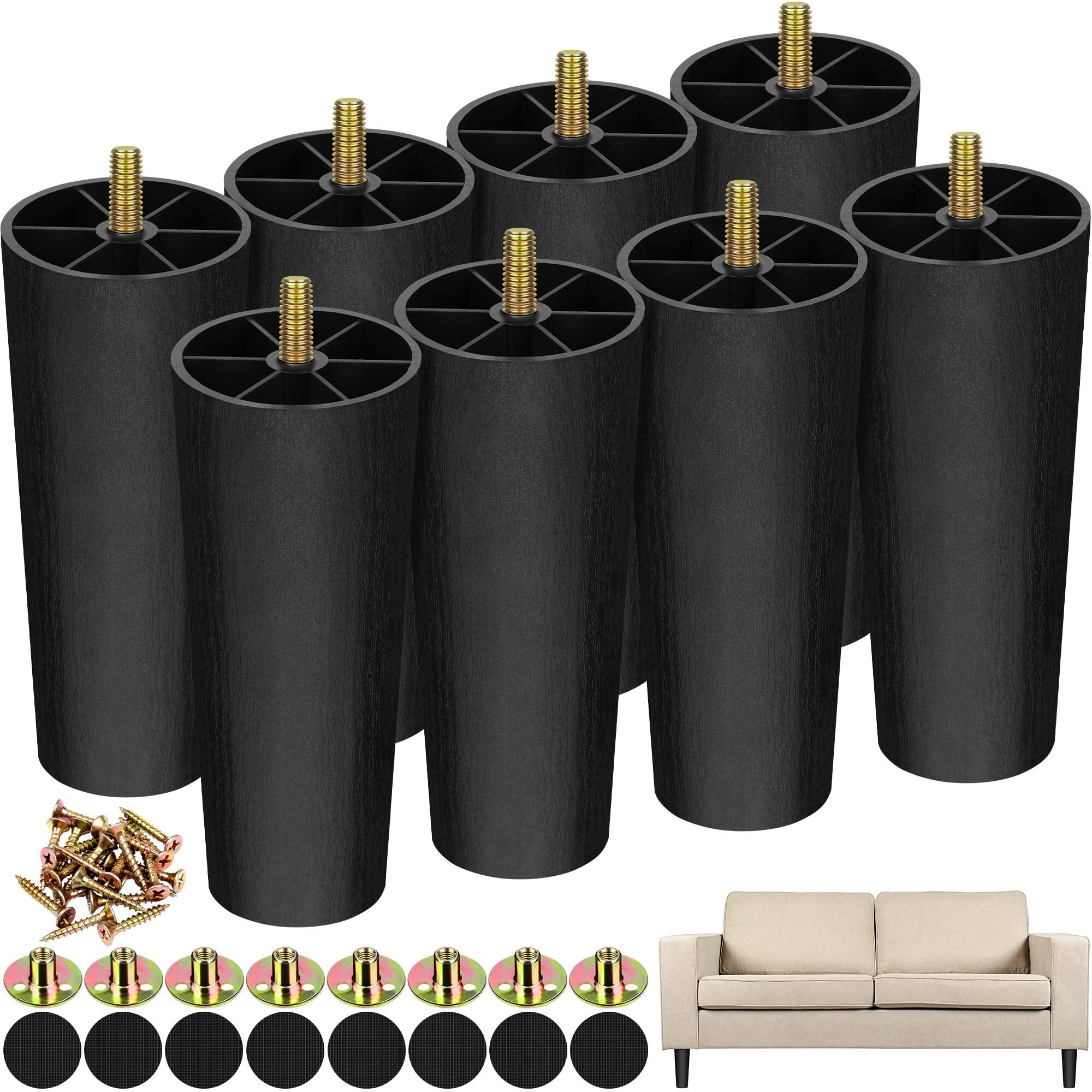 Turstin 8 Pack 6 Inch Plastic Furniture Legs With M8 T-Nuts Screws Tapered Sofa Couch And Chair Legs Replacement Furniture Legs For Diy Projects Sofas Coffee Tables Dressers Beds
