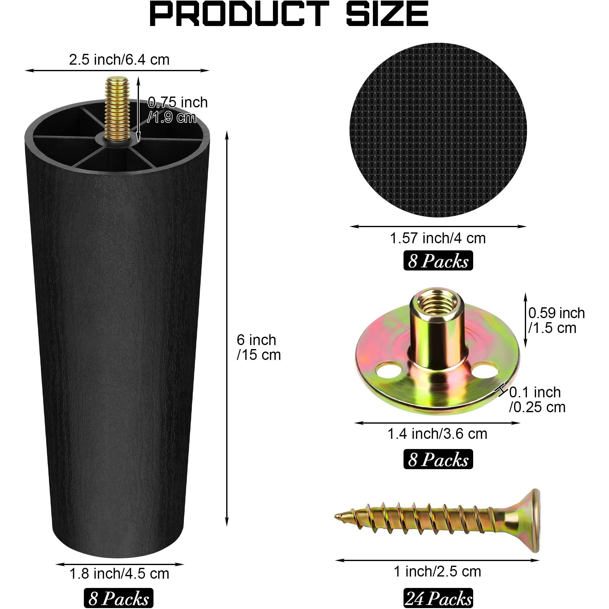 Turstin 8 Pack 6 Inch Plastic Furniture Legs With M8 T-Nuts Screws Tapered Sofa Couch And Chair Legs Replacement Furniture Legs For Diy Projects Sofas Coffee Tables Dressers Beds