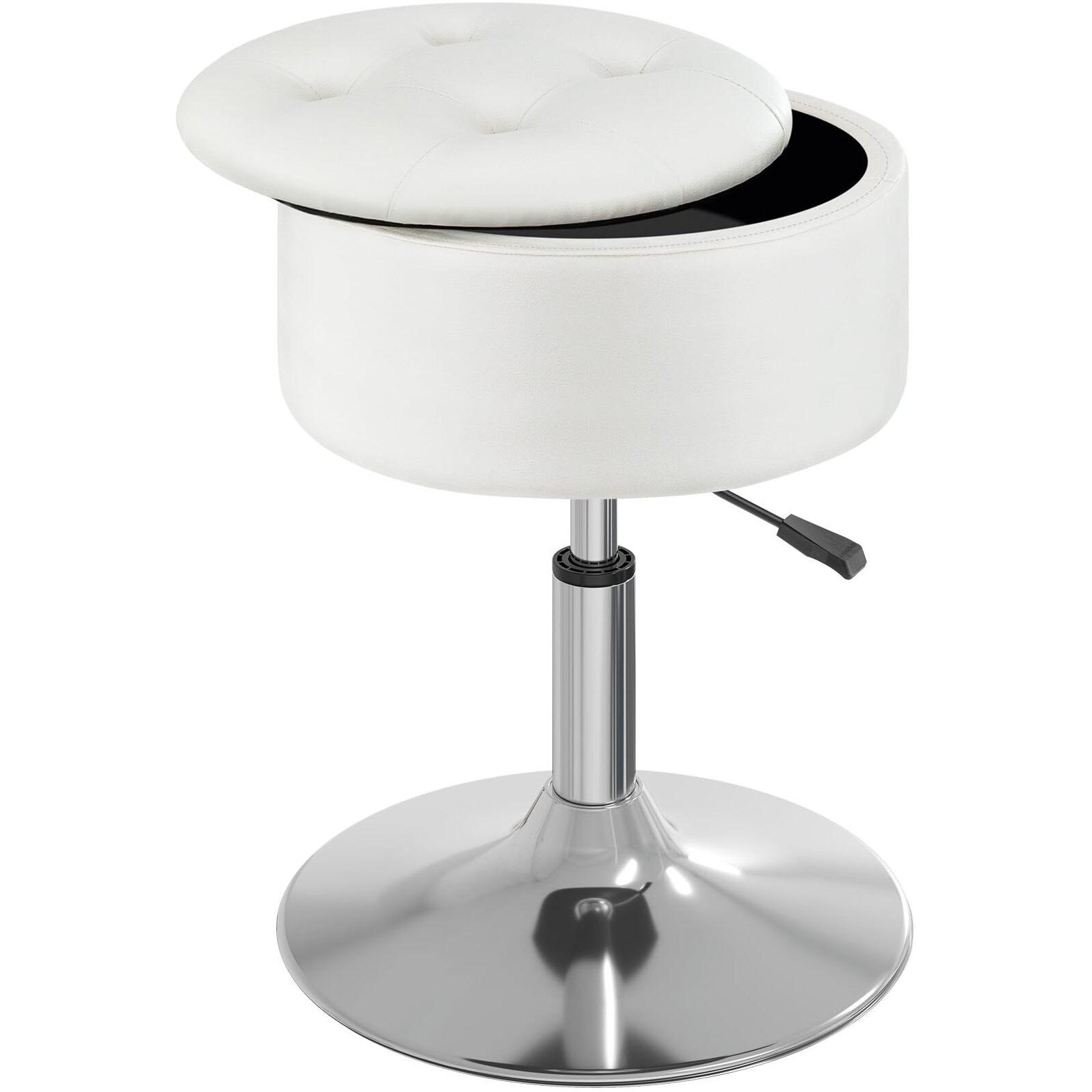 Greenstell Vanity Stool With Storage, 19"" To 23"" Height Adjustable Pu Leather Vanity Chair, 360 Swivel Makeup Stool With Removeable Tray, Modern Ottoman For Bedroom Bathroom, White