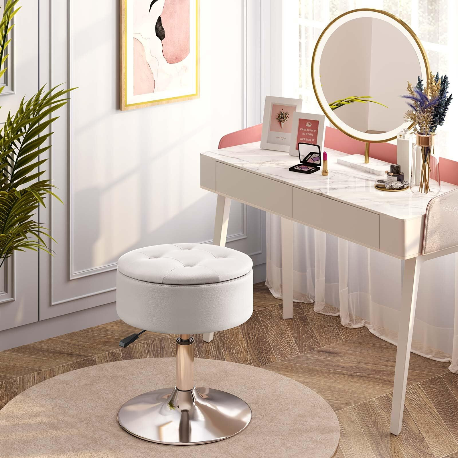 Greenstell Vanity Stool With Storage, 19"" To 23"" Height Adjustable Pu Leather Vanity Chair, 360 Swivel Makeup Stool With Removeable Tray, Modern Ottoman For Bedroom Bathroom, White