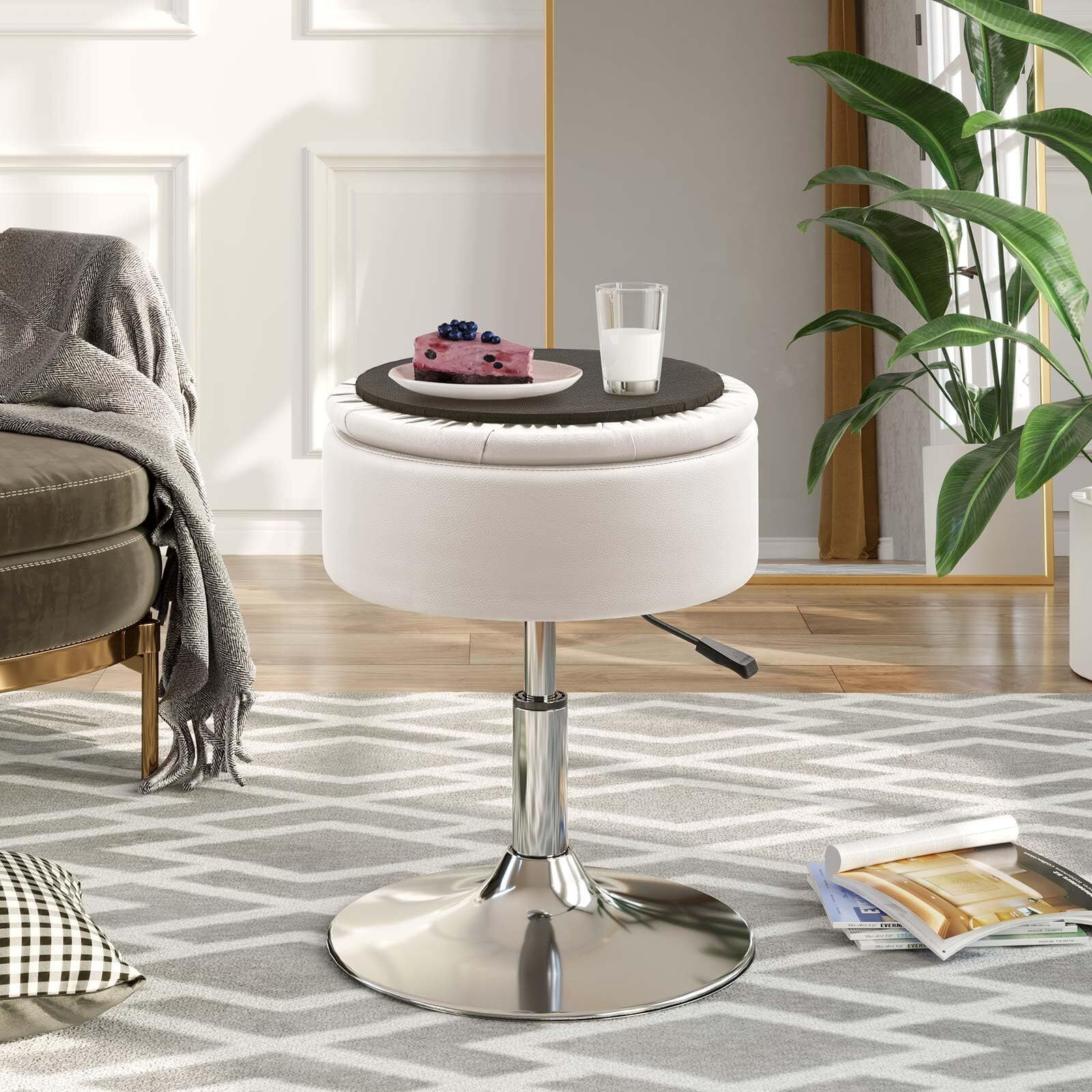 Greenstell Vanity Stool With Storage, 19"" To 23"" Height Adjustable Pu Leather Vanity Chair, 360 Swivel Makeup Stool With Removeable Tray, Modern Ottoman For Bedroom Bathroom, White