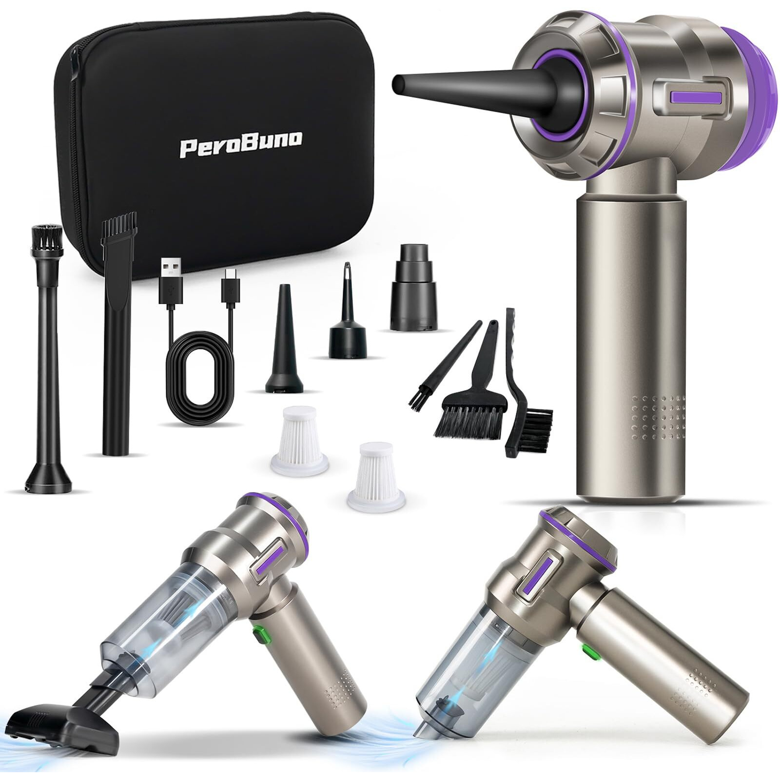 Perobuno Air Duster For Pc, 200000Rpm Compressed Air, Mini Vacuum 2-In-1, Runtime Up To 35 Mins, Brushless Motor Electric Air Blower With 3 Gear And Rechargeable Battery - Canned Air-Keyboard Cleaner