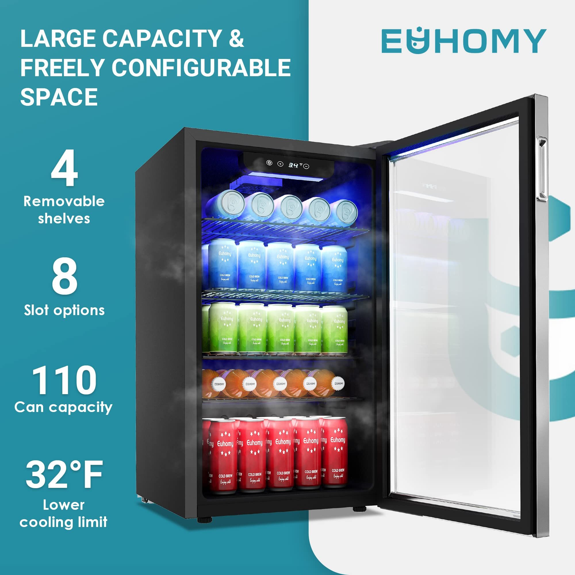 Euhomy Beverage Refrigerator And Cooler, 126 Can Mini Fridge With Glass Door, Small Refrigerator With Adjustable Shelves For Soda Beer Or Wine, Perfect For Home/Bar/Office (Slive).