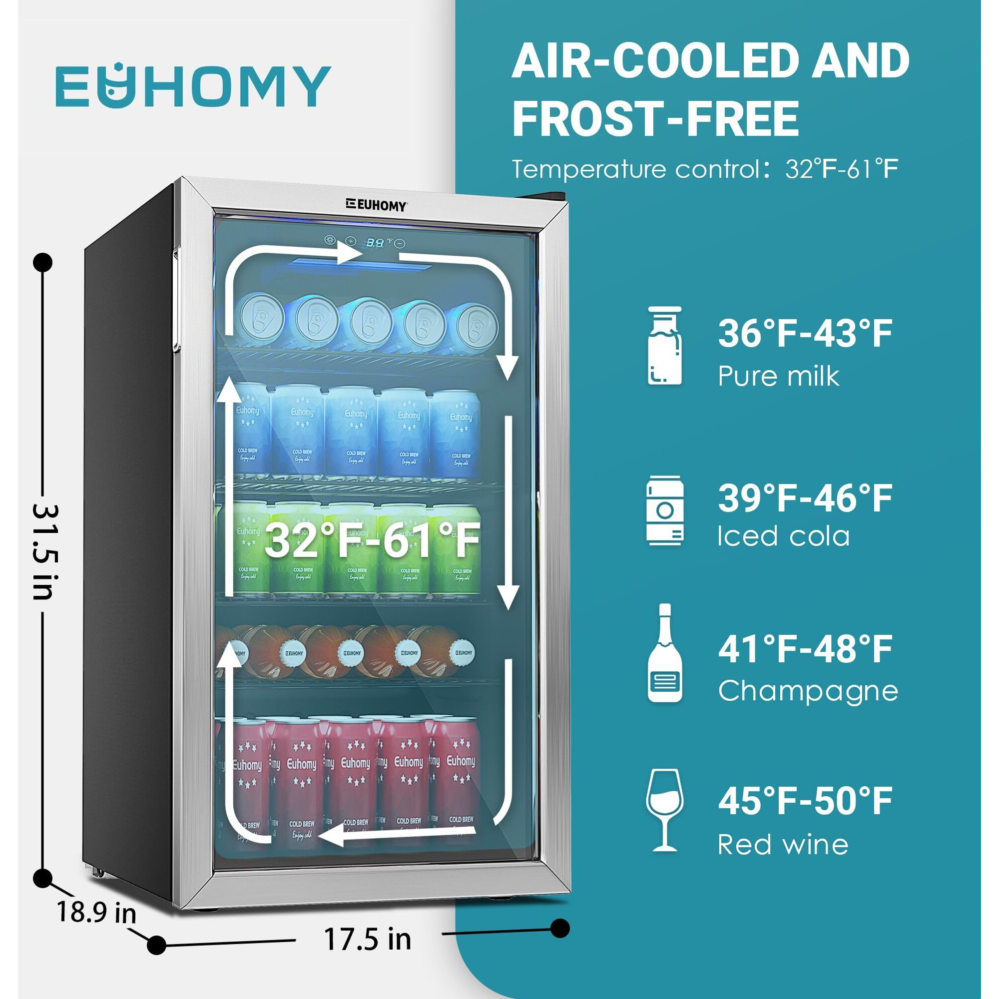 Euhomy Beverage Refrigerator And Cooler, 126 Can Mini Fridge With Glass Door, Small Refrigerator With Adjustable Shelves For Soda Beer Or Wine, Perfect For Home/Bar/Office (Slive).