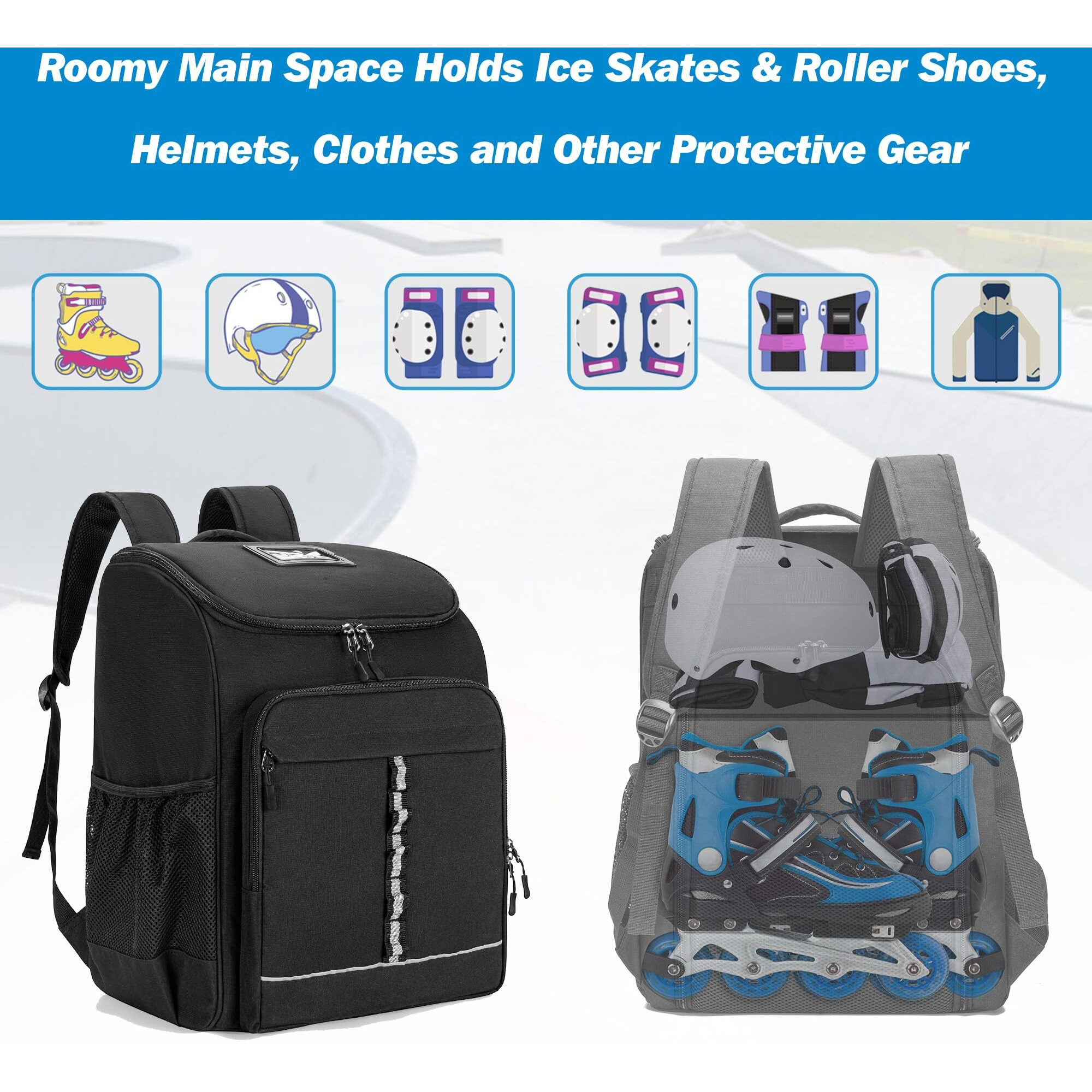 Goburos Roller Skate Bag Fits Shoes Up To Us Mens 13, Ice Skate Backpack With Top Helmet Pocket, Roller Skating Bag With Adjustable Padded Shoulder Strap For Skates Gear