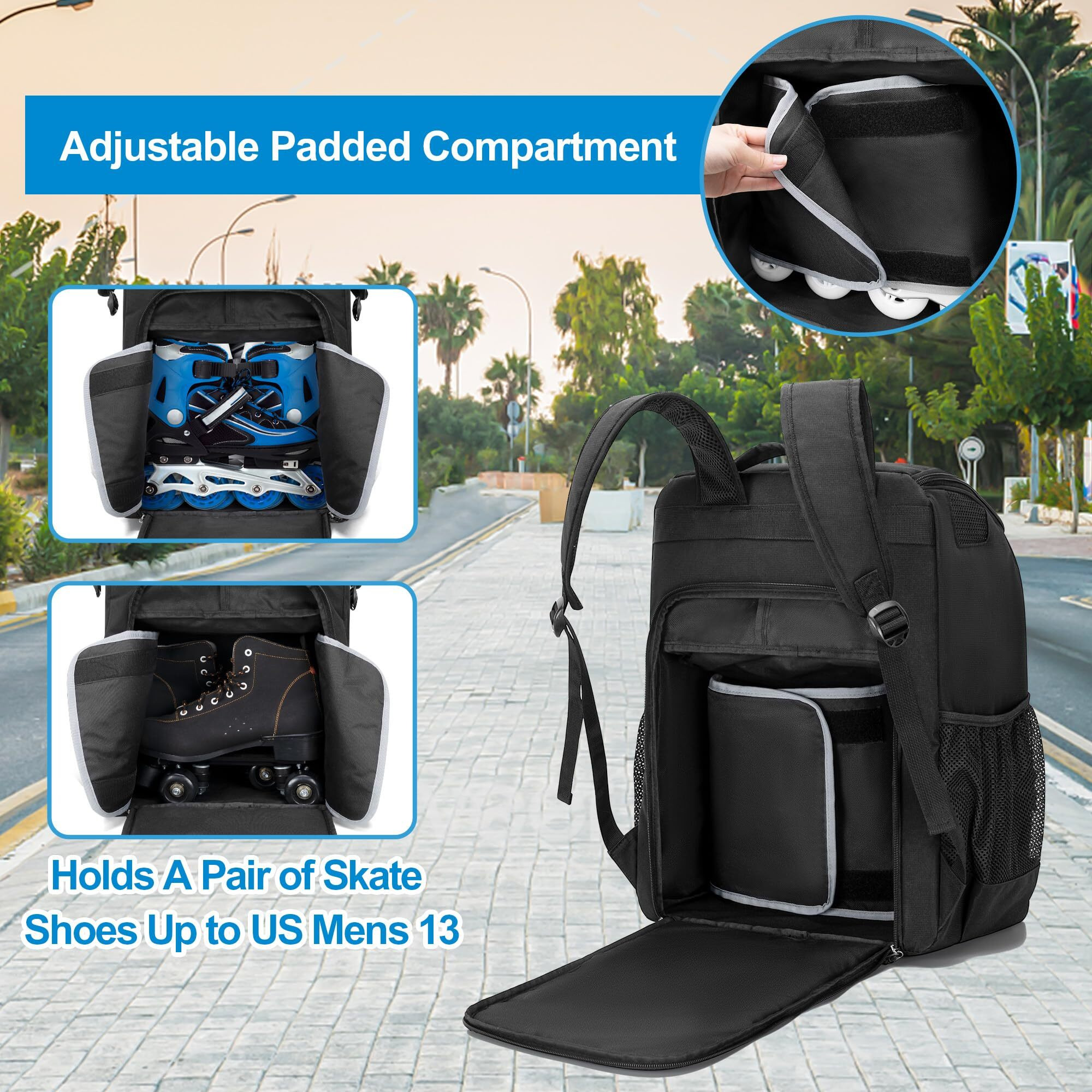 Goburos Roller Skate Bag Fits Shoes Up To Us Mens 13, Ice Skate Backpack With Top Helmet Pocket, Roller Skating Bag With Adjustable Padded Shoulder Strap For Skates Gear