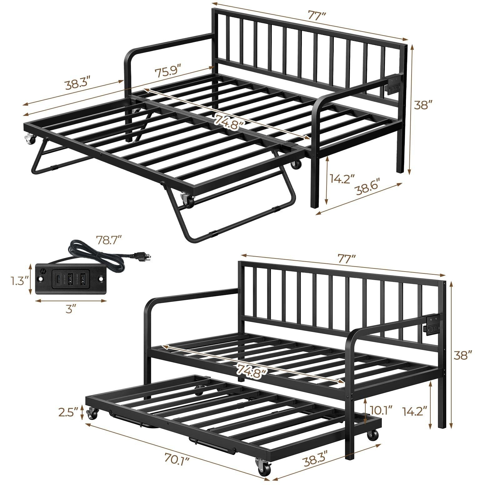 Rolanstar Daybed With Charging Station And Led Lights, Height Adjustable Twin Daybed With Trundle, Metal Sofa Bed Frame With Steel Slat Support For Living Room, Bedroom And Guest Room, Black