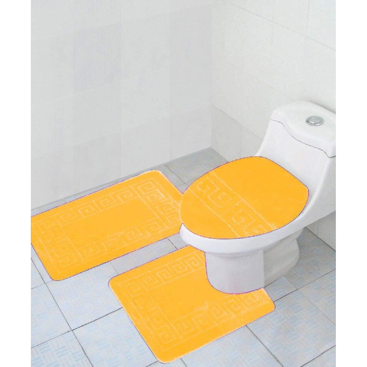 Wpm World Products Mart 3 Piece Bath Rug Set Pattern Bathroom Rug (20"&quotX32"")/Large Contour Mat (20"&quotX20"") With Lid Cover (Yellow)