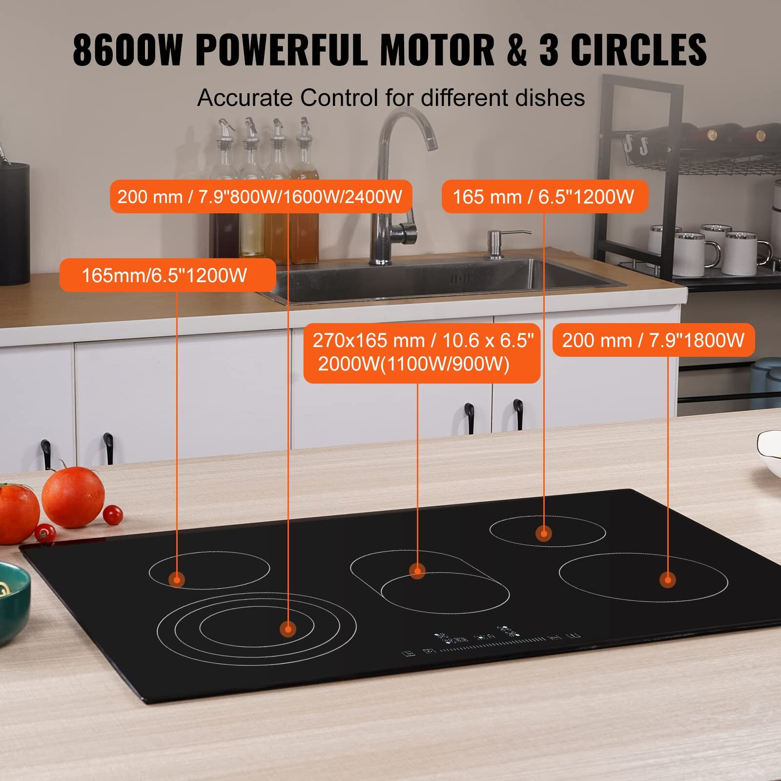 Vevor Built In Electric Stove Top, 30 Inch 5 Burners, 240V Glass Radiant Cooktop With Sensor Touch Control, Timer & Child Lock Included, 9 Power Levels For Simmer Steam Slow Cook Fry