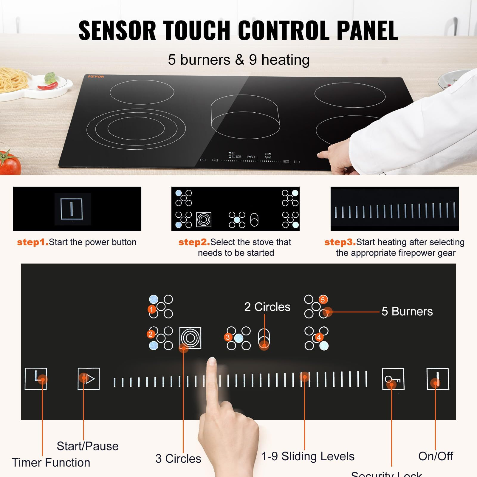 Vevor Built In Electric Stove Top, 30 Inch 5 Burners, 240V Glass Radiant Cooktop With Sensor Touch Control, Timer & Child Lock Included, 9 Power Levels For Simmer Steam Slow Cook Fry