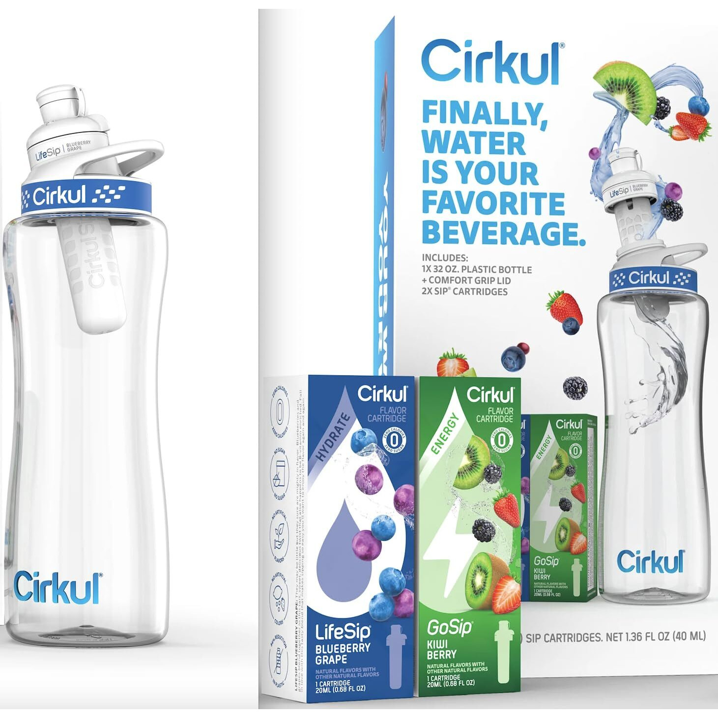 Cirkul 32Oz Plastic Starter Kit W/Navy Blue Lid, 2 Flavor Cartridges Blueberry Grape & Kiwi Berry