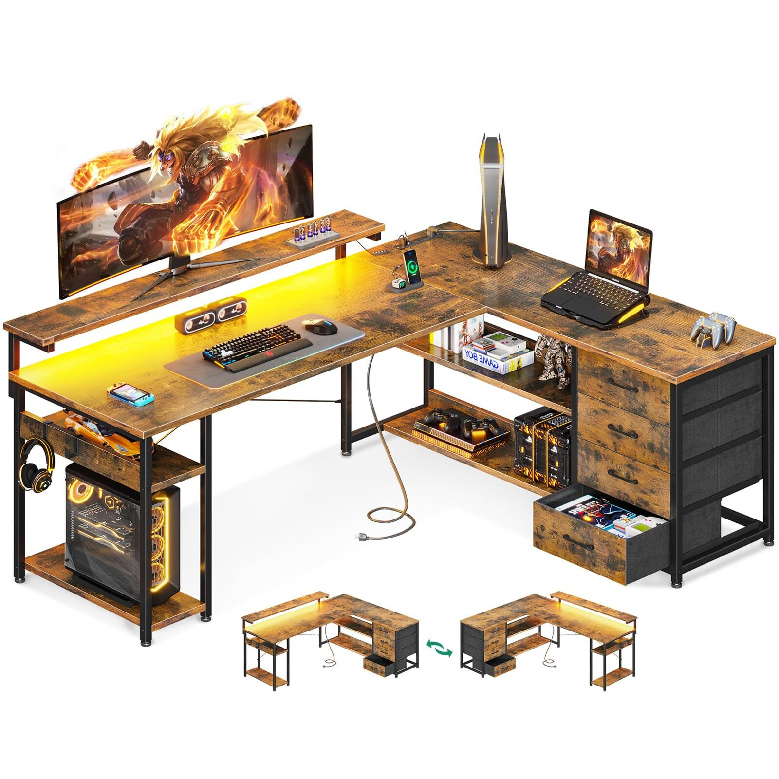 Aodk 61"" L Shaped Desk With Drawer, Computer Desk With Power Outlets & Led Lights, Reversible Corner Gaming Desk For Home Office Workstation, Office Desk With Monitor Shelf, Vintage