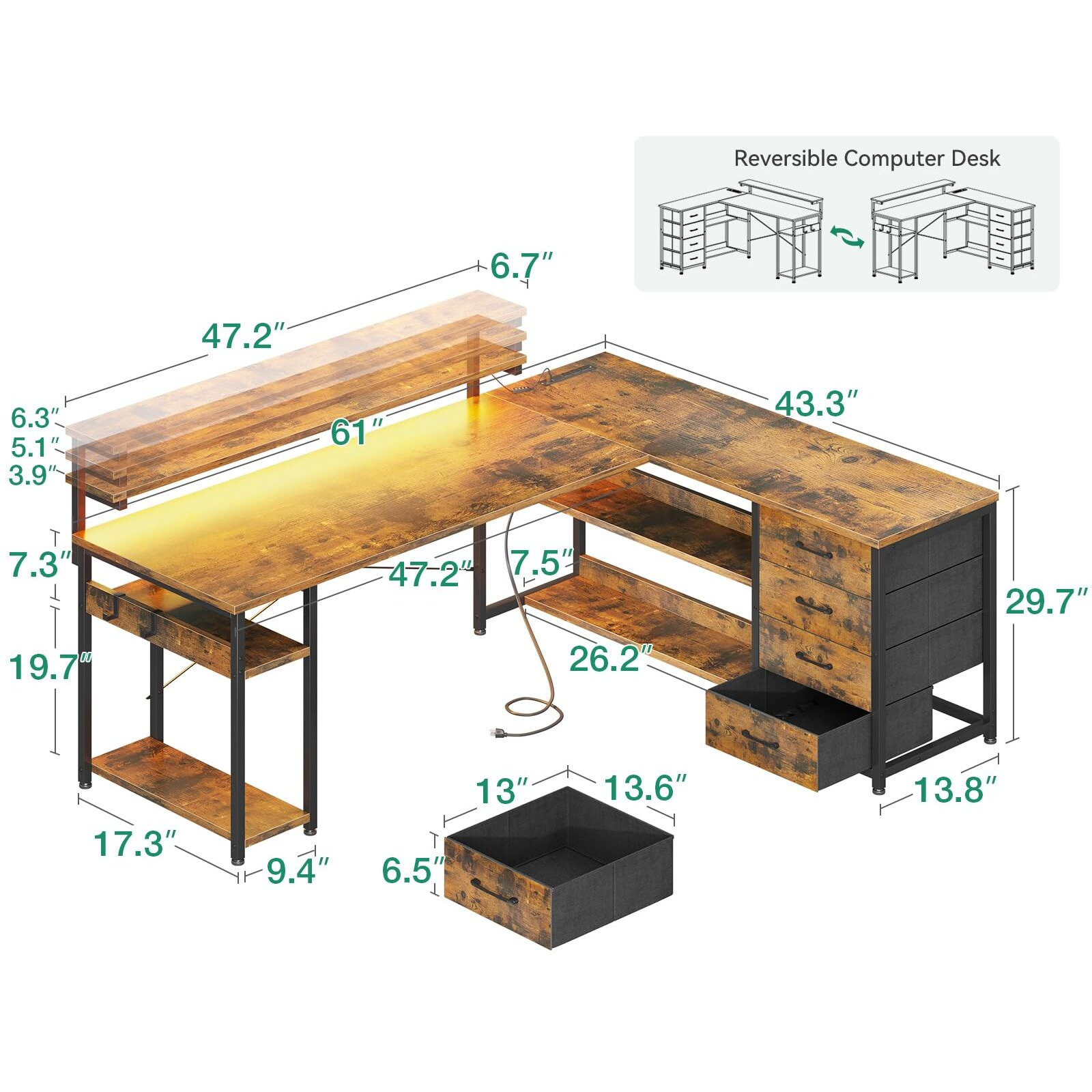Aodk 61"" L Shaped Desk With Drawer, Computer Desk With Power Outlets & Led Lights, Reversible Corner Gaming Desk For Home Office Workstation, Office Desk With Monitor Shelf, Vintage