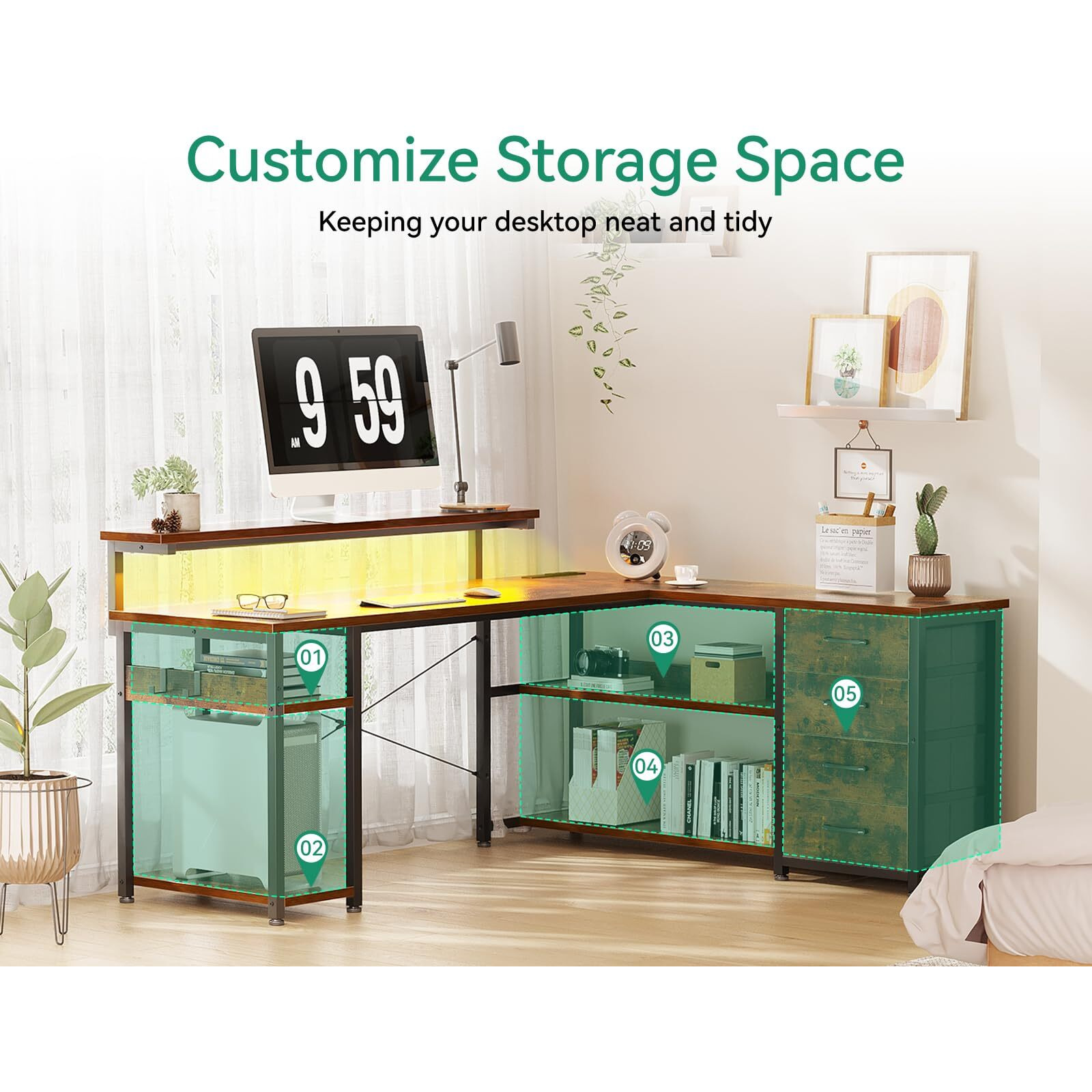 Aodk 61"" L Shaped Desk With Drawer, Computer Desk With Power Outlets & Led Lights, Reversible Corner Gaming Desk For Home Office Workstation, Office Desk With Monitor Shelf, Vintage