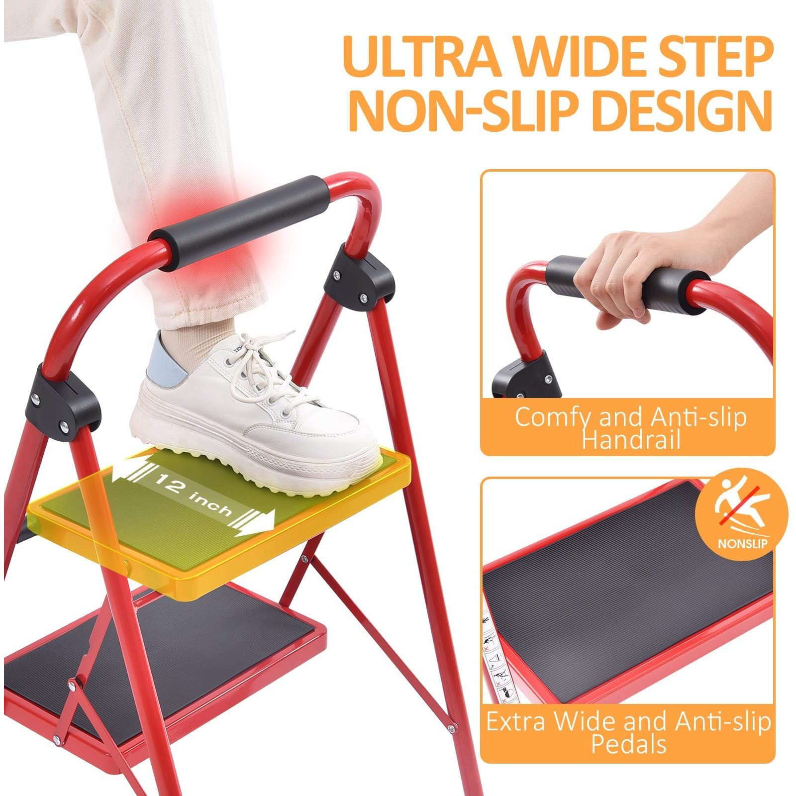Kingrack Step Ladder 3 Step Folding,3 Step Ladder With With Anti-Slip And Wide Pedal,Portable Foldable Step Ladder With Handgrip,Tall Sturdy Step Ladder For Home Kitchen Household,Red