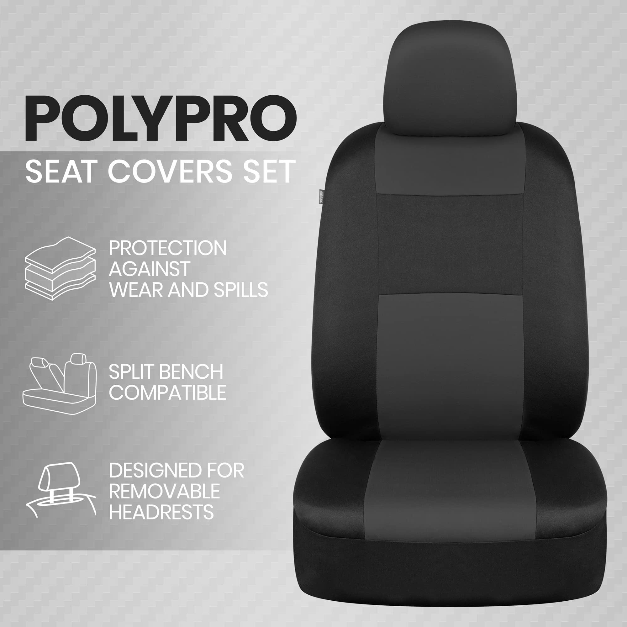 Bdk Polypro Car Seat Covers Full Set In Charcoal On Black - Front And Rear Split Bench For Cars, Easy To Install Cover Set, Accessories Auto Trucks Van Suv