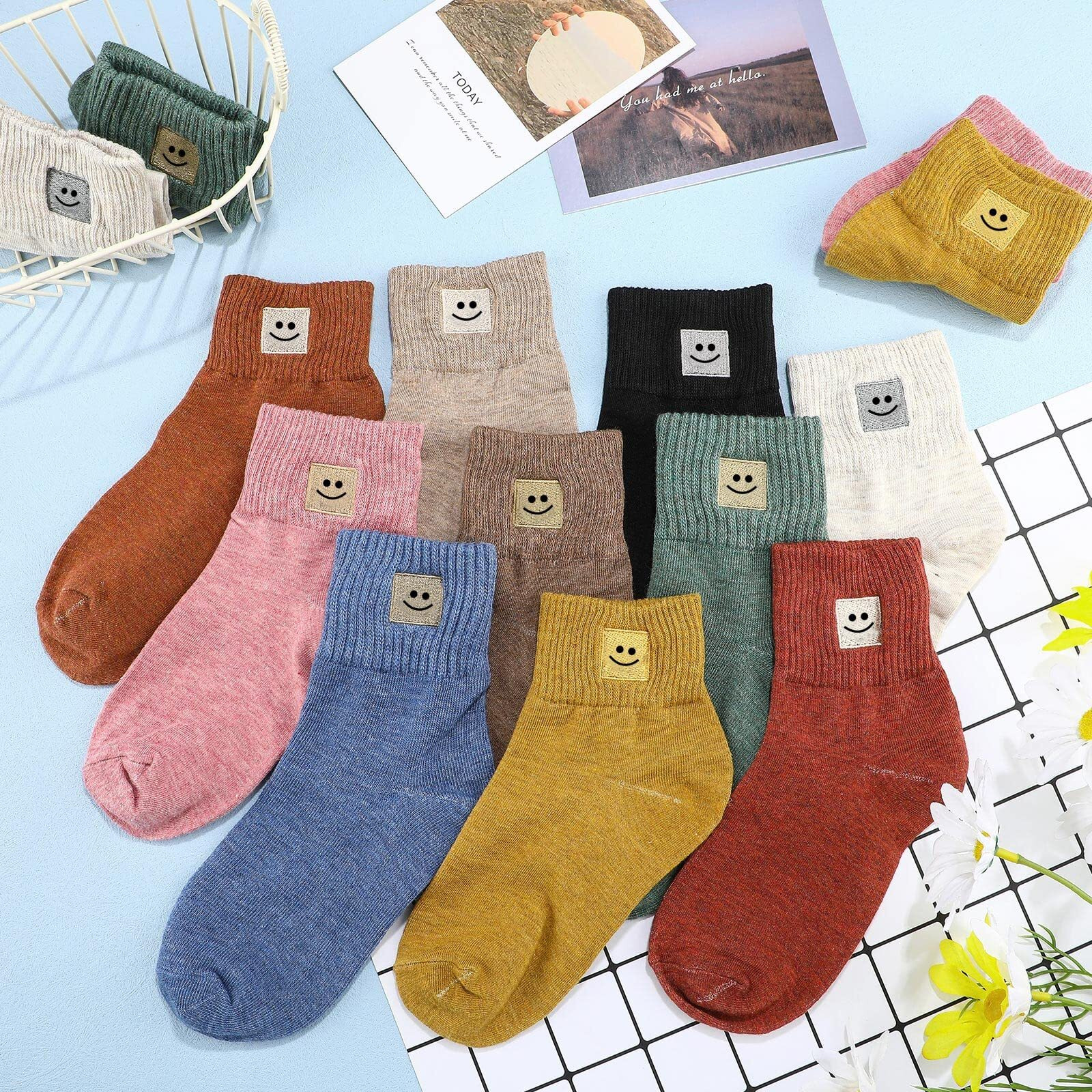 Eurzom 10 Pairs Socks Elastic Ankle Length Cotton Socks Aesthetic Socks Cute Socks Lightweight Low Cut Socks For Women Girl (Smile)