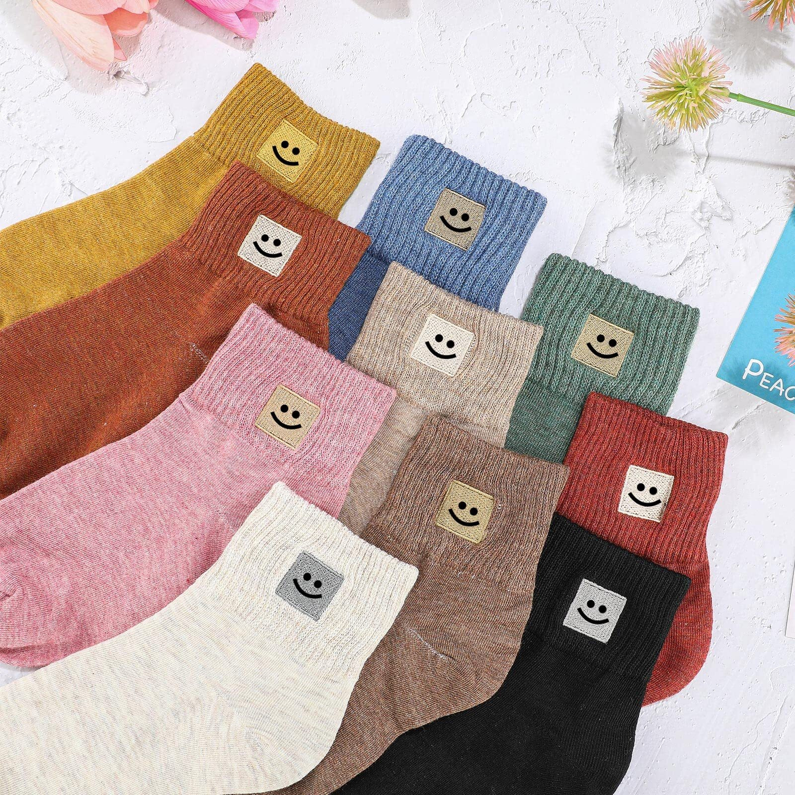 Eurzom 10 Pairs Socks Elastic Ankle Length Cotton Socks Aesthetic Socks Cute Socks Lightweight Low Cut Socks For Women Girl (Smile)