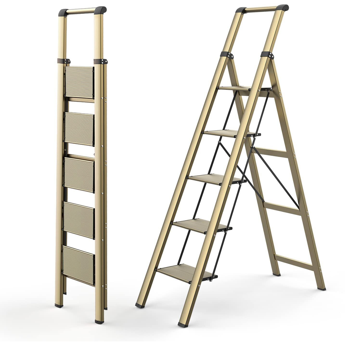 Woa Woa 5 Step Ladder, Folding Ladder With Anti-Slip Wide Pedal, Portable Folding Step Ladder With Convenient Handgrip, Lightweight Aluminum Stepladder For Home, Office, Library - Gold