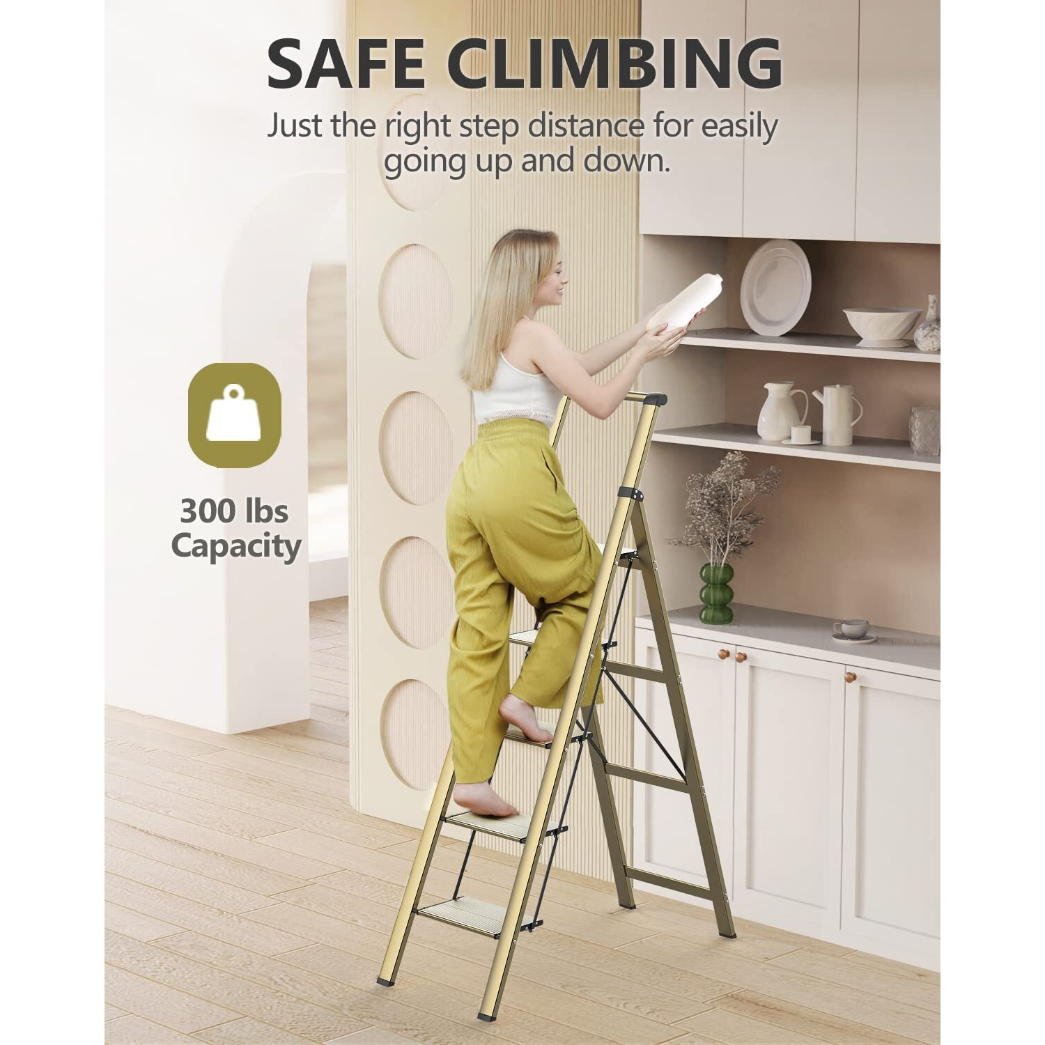 Woa Woa 5 Step Ladder, Folding Ladder With Anti-Slip Wide Pedal, Portable Folding Step Ladder With Convenient Handgrip, Lightweight Aluminum Stepladder For Home, Office, Library - Gold