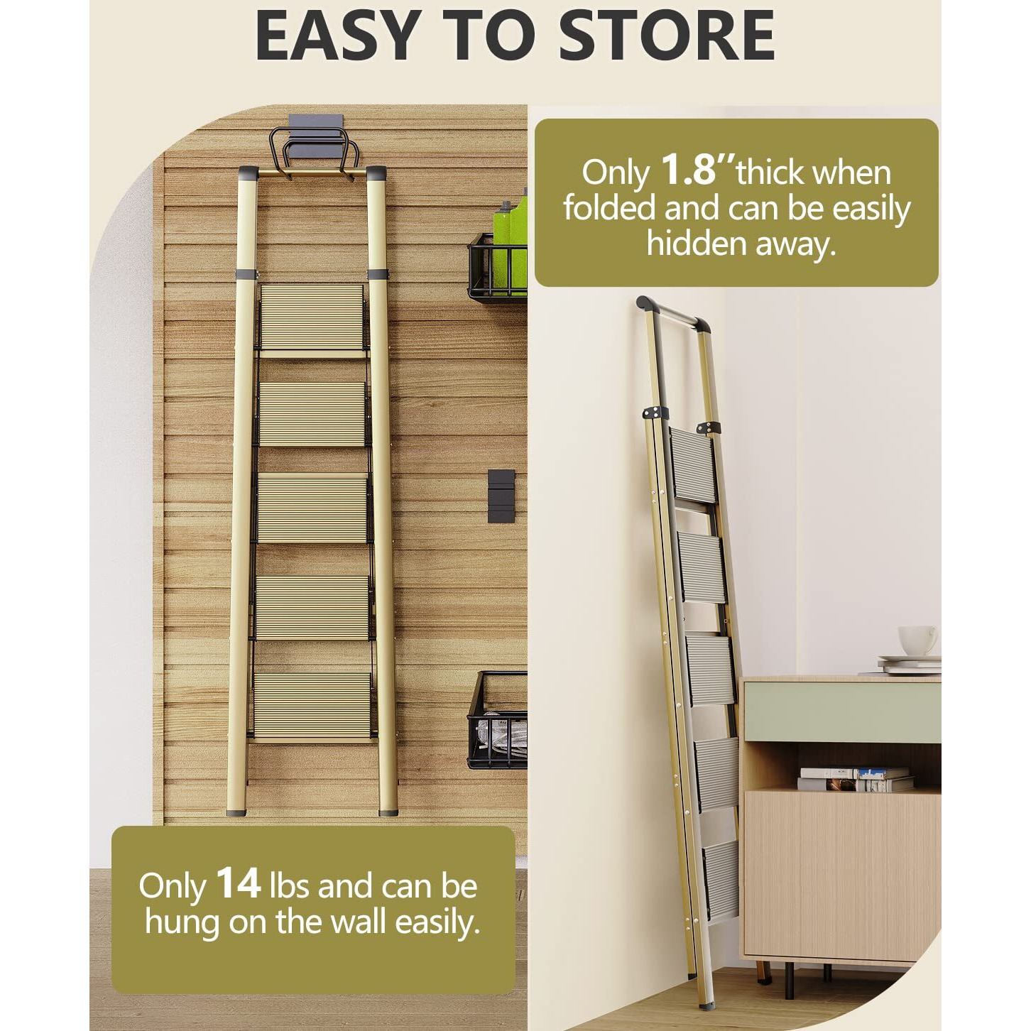 Woa Woa 5 Step Ladder, Folding Ladder With Anti-Slip Wide Pedal, Portable Folding Step Ladder With Convenient Handgrip, Lightweight Aluminum Stepladder For Home, Office, Library - Gold