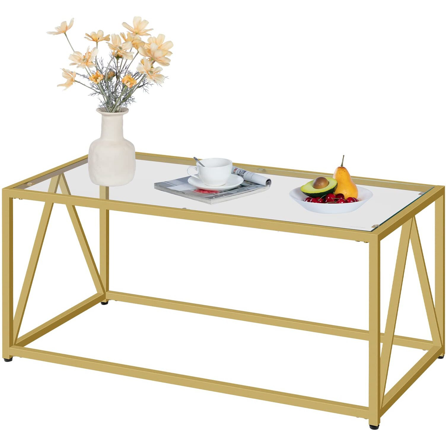 Hoobro Glass Coffee Table, Gold Coffee Tables For Living Room, Gold Glass Coffee Table,1 Layer Center Table, Modern, For Apartment, Office, 39.4 X 19.7 X 17.7 Inches, Easy Assembly, Golden Gd04Kf01