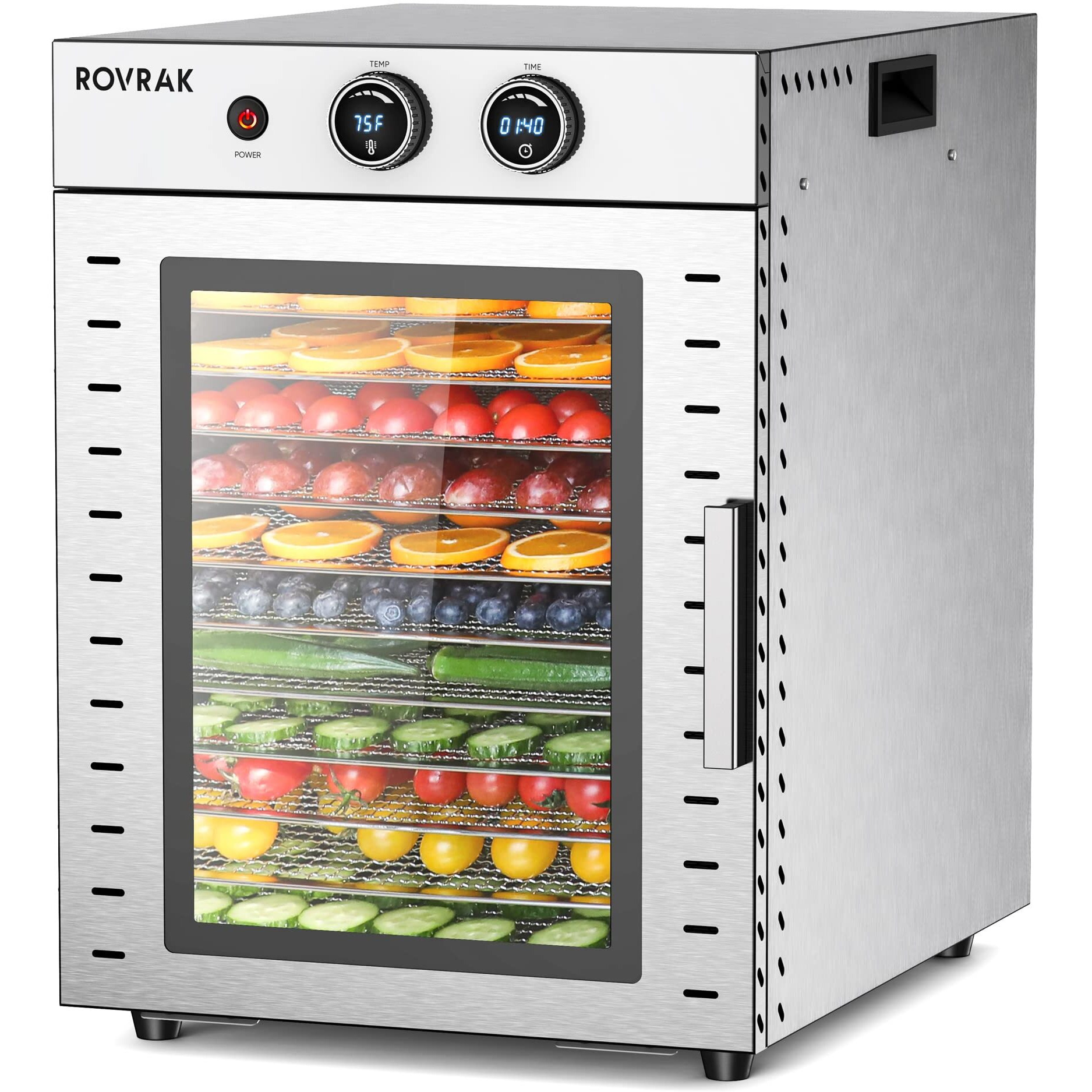 Rovrak Food Dehydrator For Jerky, Fruit, Meat, Herbs, 12-Tray Stainless Steel Dehydrator Machine, Double-Layer Insulation, Adjustable Timer, Temperature Control, Overheat Protection (67 Recipes)