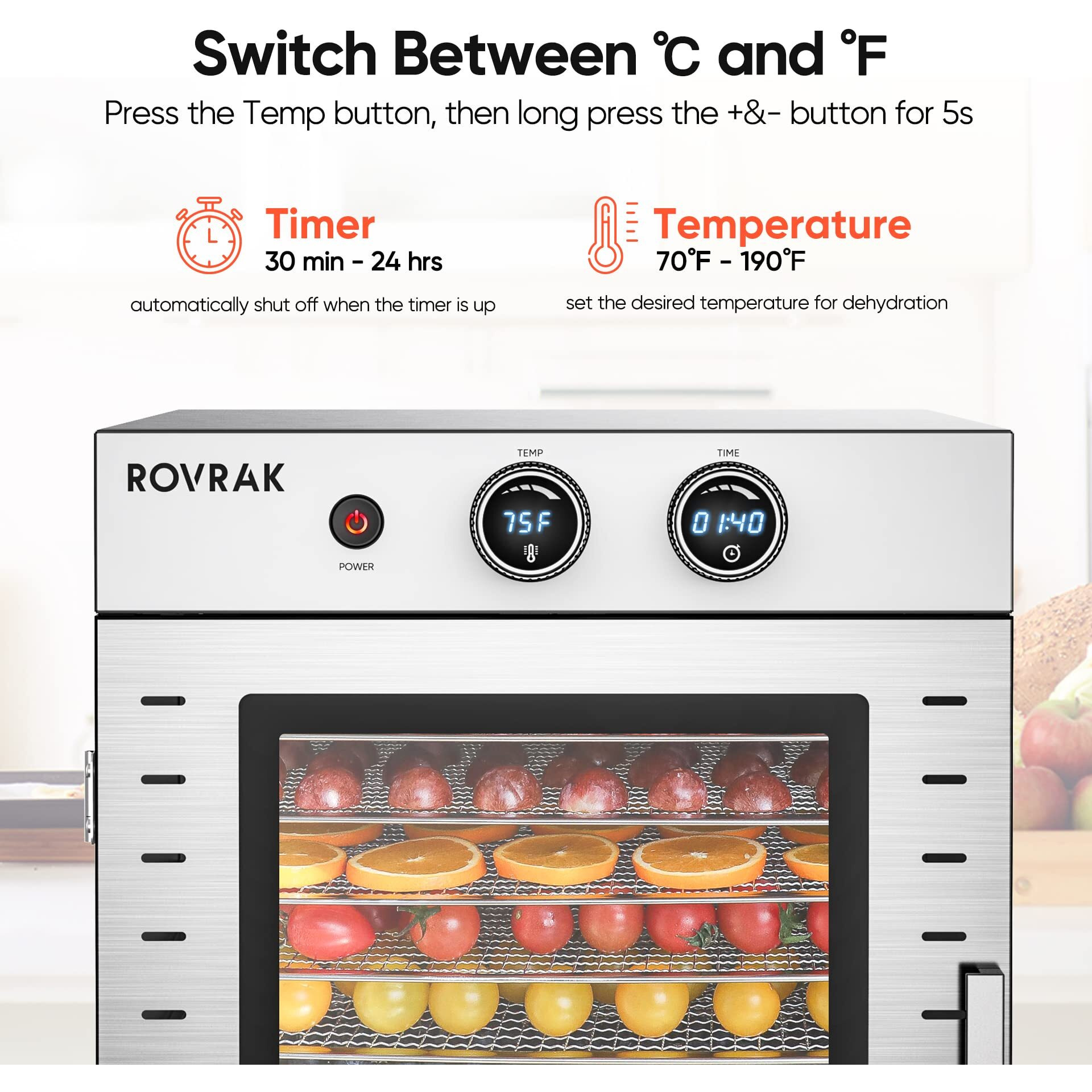 Rovrak Food Dehydrator For Jerky, Fruit, Meat, Herbs, 12-Tray Stainless Steel Dehydrator Machine, Double-Layer Insulation, Adjustable Timer, Temperature Control, Overheat Protection (67 Recipes)