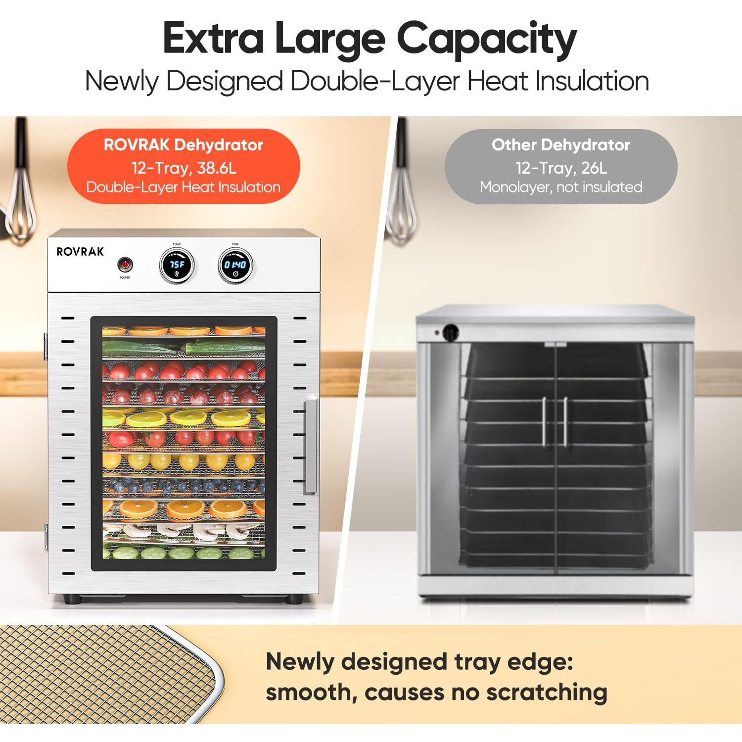 Rovrak Food Dehydrator For Jerky, Fruit, Meat, Herbs, 12-Tray Stainless Steel Dehydrator Machine, Double-Layer Insulation, Adjustable Timer, Temperature Control, Overheat Protection (67 Recipes)