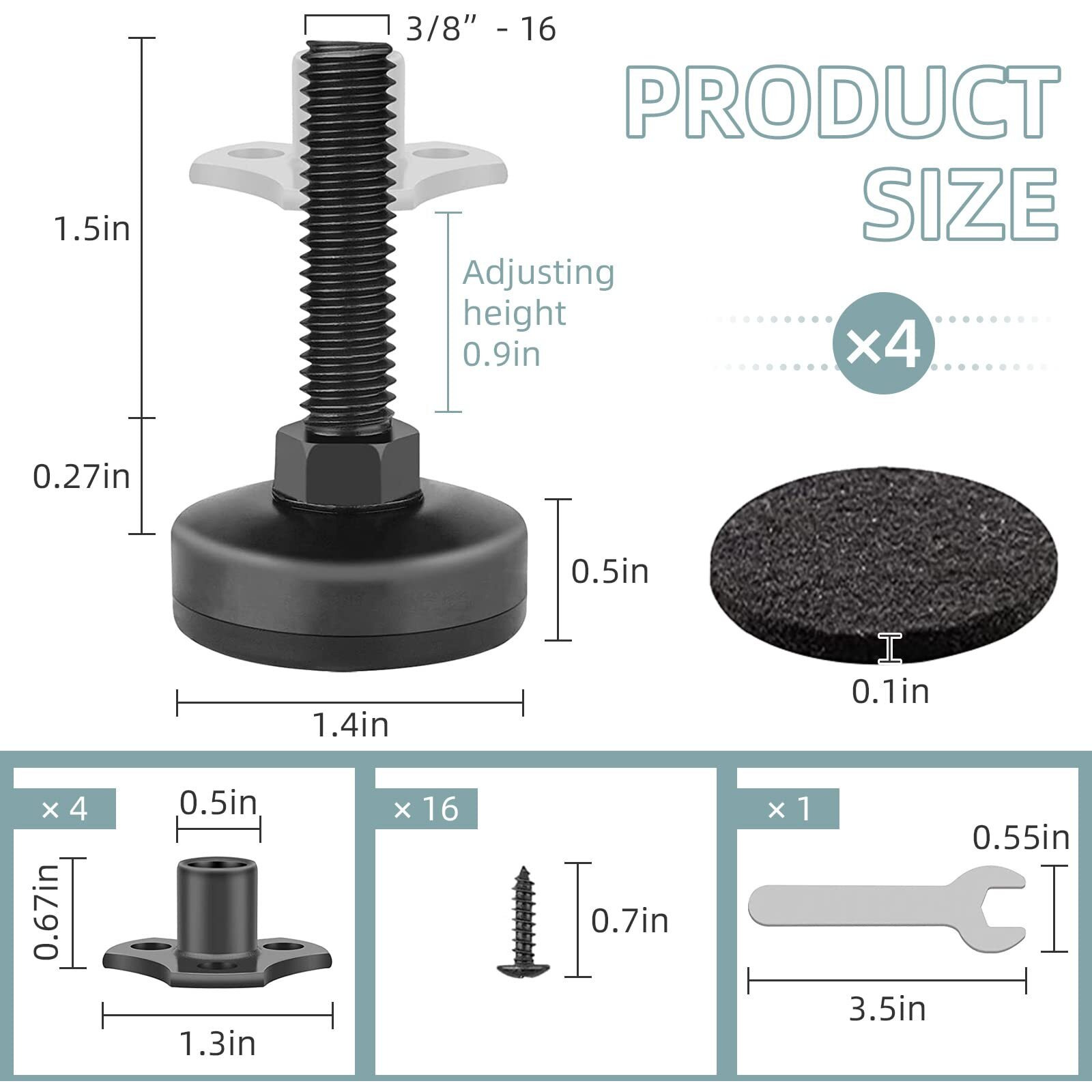 Heavy Duty Furniture Levelers, 4 Pack 3/8""-16 Threaded Leveling Feet Furniture Levelers Table Feet Adjustable Leg Levelers For Table/ Chair/Sofa/Desk/Cabinet/Workbench, Supports 1320Lbs-Black