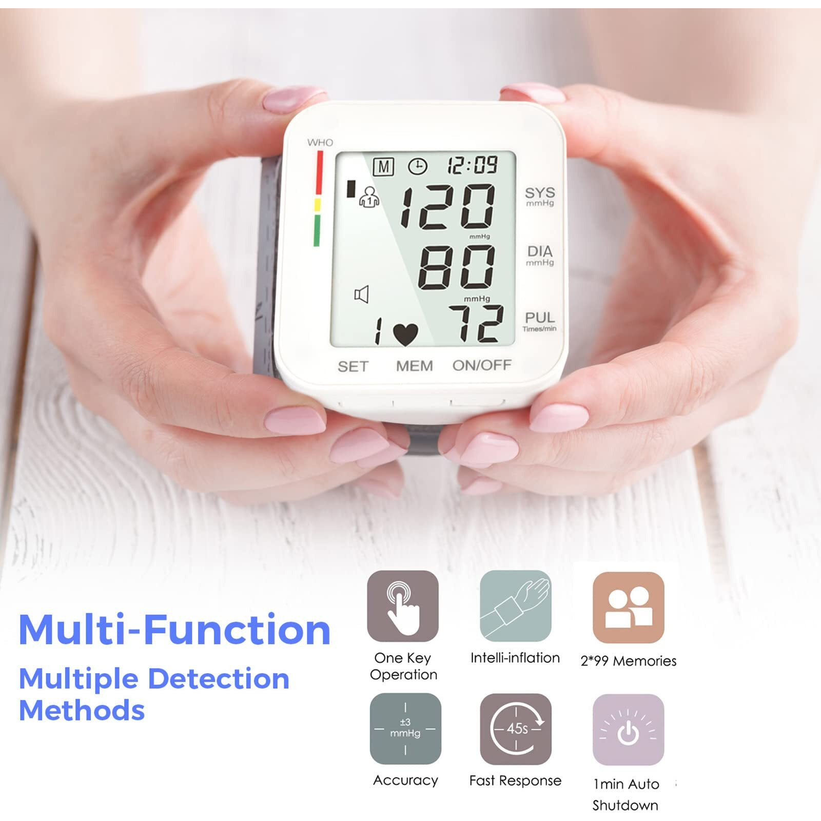 Mmizoo Wrist Blood Pressure Monitor Bp Monitor Large Lcd Display Blood Pressure Machine Adjustable Wrist Cuff 5.31-7.68Inch Automatic 99X2 Sets Memory With Carrying Case For Home Use (W1681)