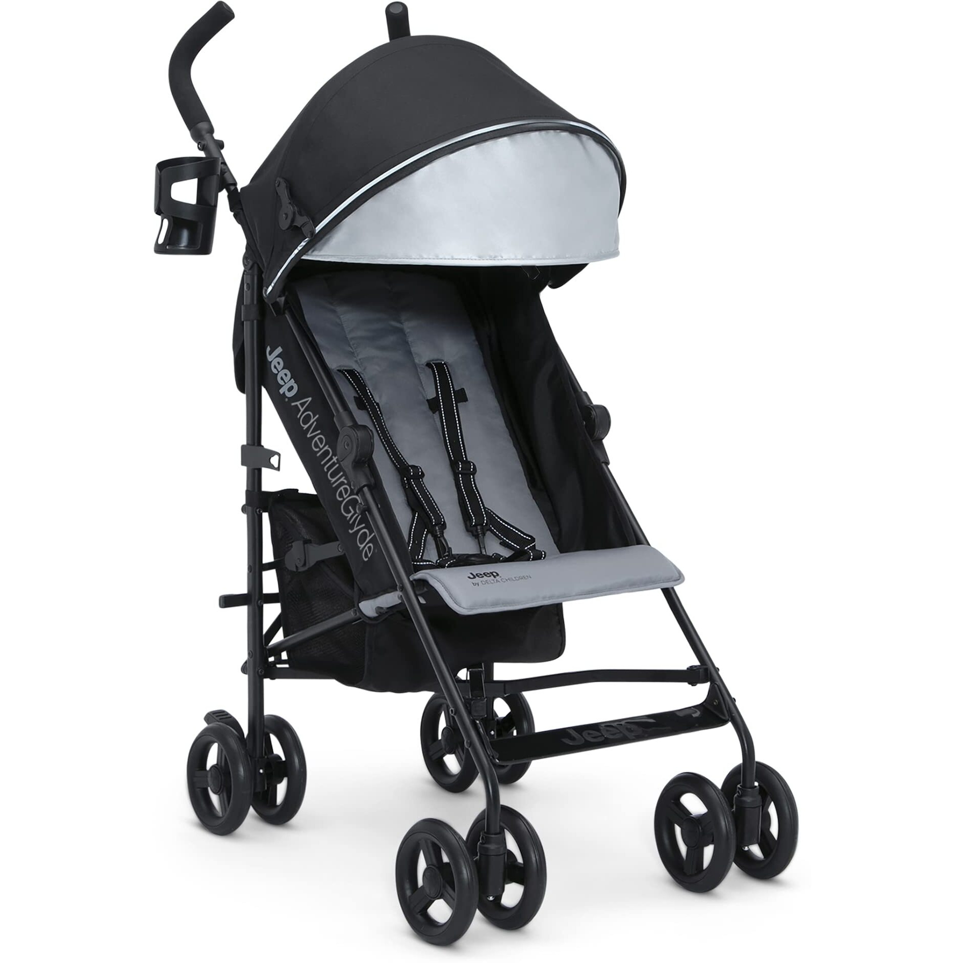 Jeep Adventureglyde Stroller By Delta Children - Lightweight Travel Stroller With Smoothest Ride & Compact Fold, 3-Position Recline, Extra Large Storage Basket, Black/Grey