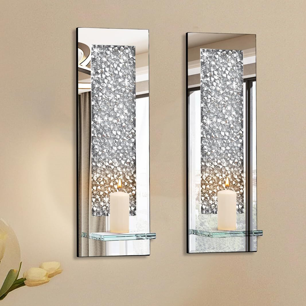 Pibeyer Crystal Crush Diamond Wall Candle Holder Set Of 2, Rectangle Silver Mirrored Candle Sconces, Home Wall Decoration For Living Room,Dining Room & Bedroom