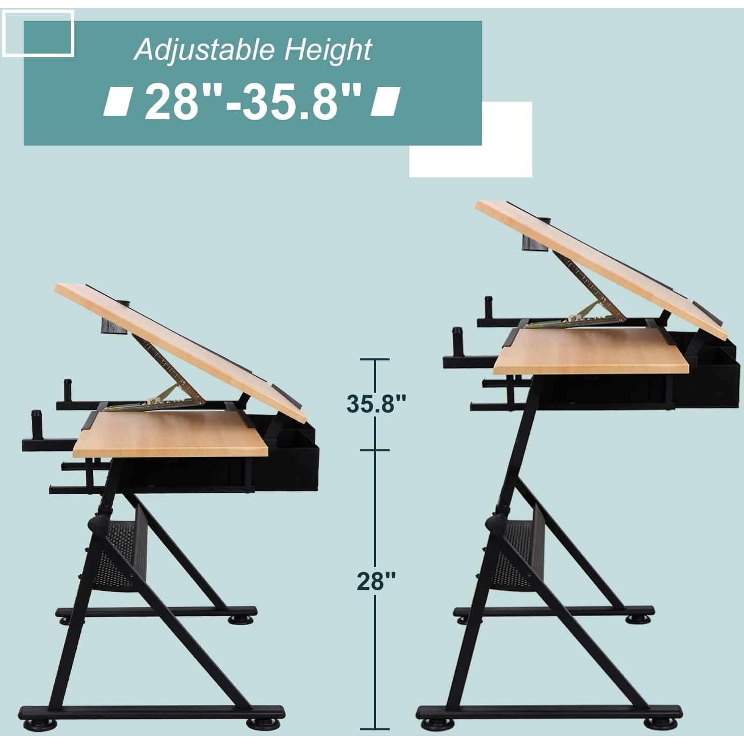 Zeny Drafting Table Art Desk Drawing Table Height Adjustable Artist Table Tilted Tabletop W/Drafting Stool And Storage Drawer For Reading, Writing, Crafting, Painting Art