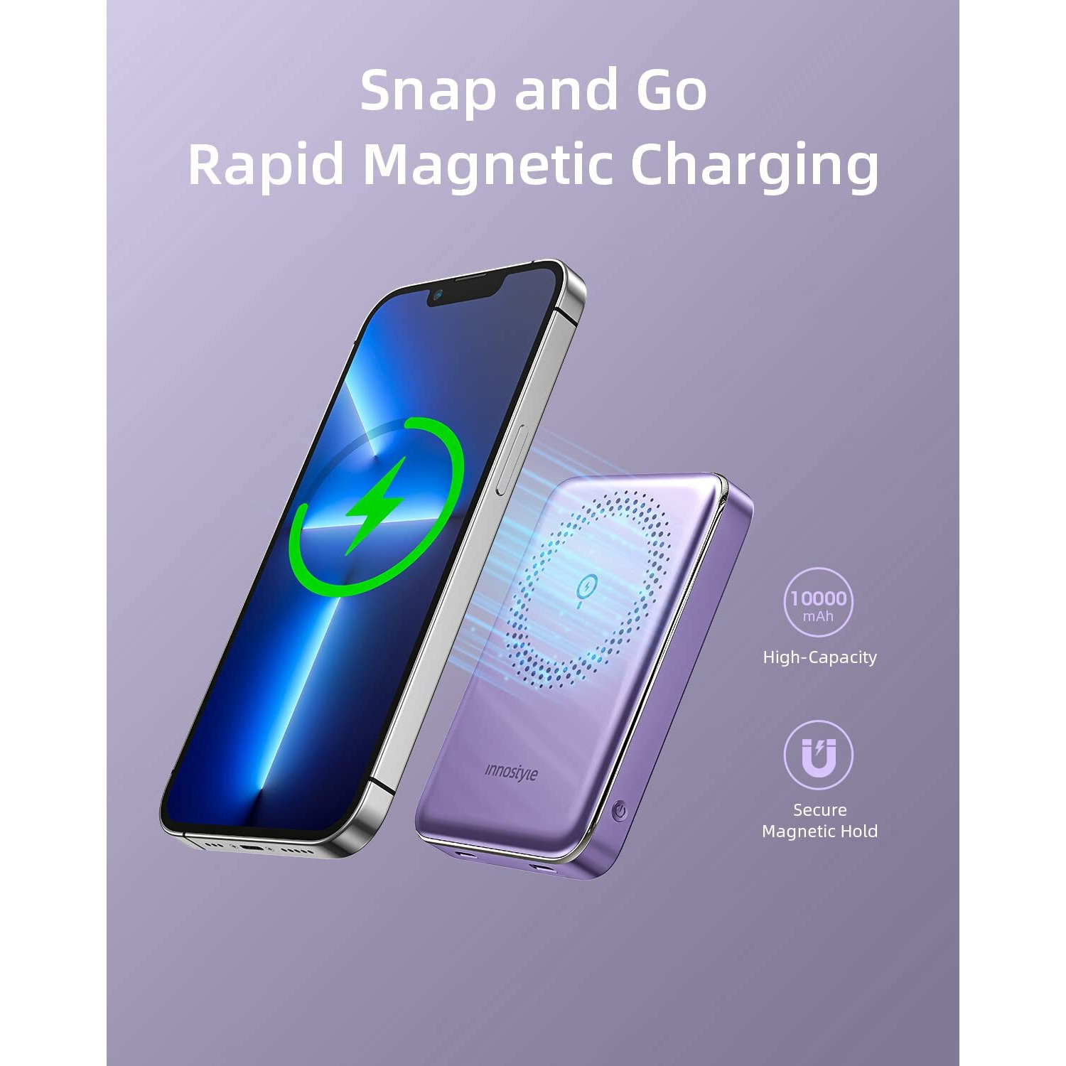 Innostyle Magnetic Wireless Power Bank, 10000Mah Magnetic Iphone Charger With Usb-C Cable Pd 20W Fast Charging, Wireless Portable Charger For Iphone 15/14/13/12 Plus Mini Pro Max