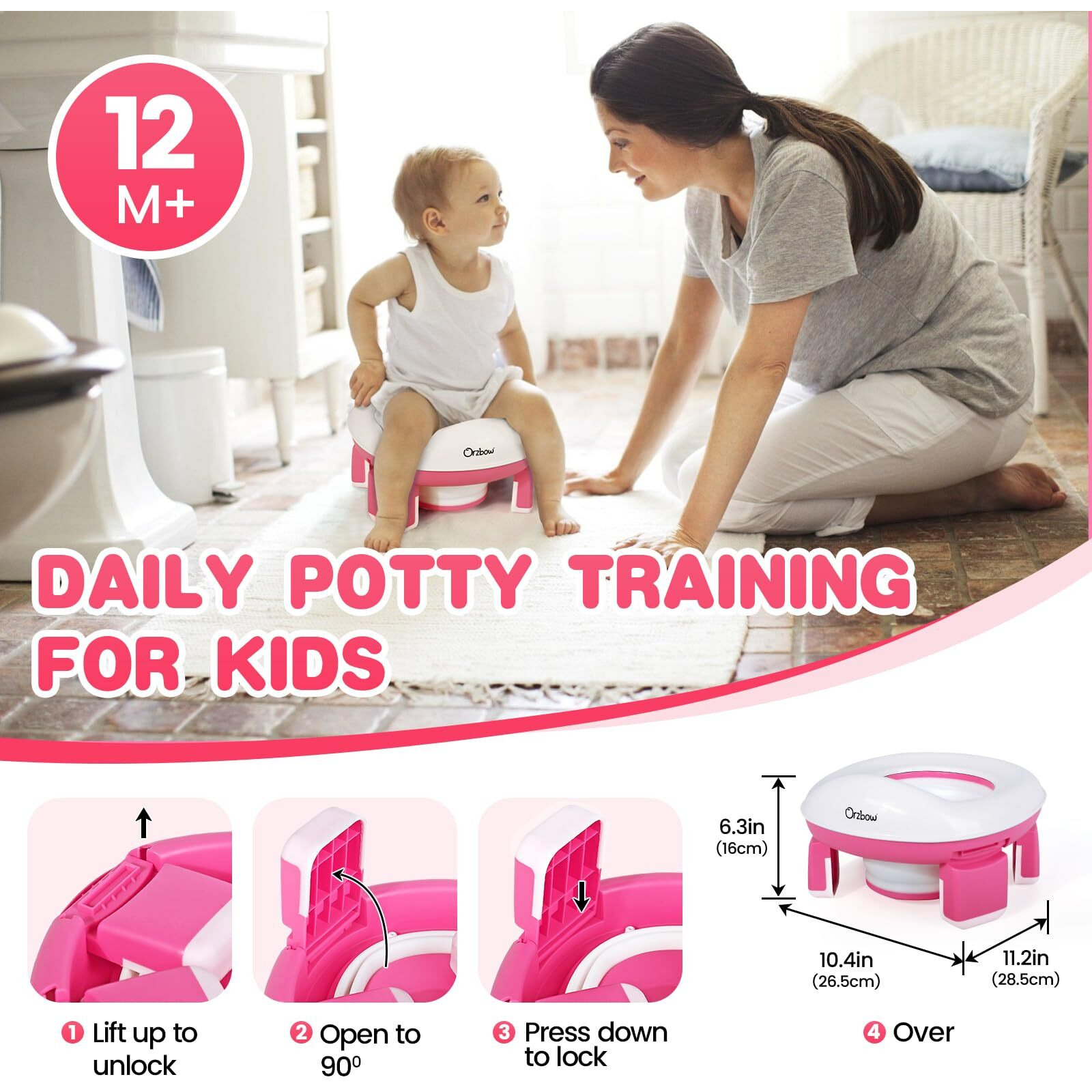 Orzbow Portable Potty For Toddler Kids Travel Potty Training Toilet Seat With Storage Bag- Foldable Potty Chair With 40Pcs Travel Bags, Detachable Carry Baby Potty With Splash Guard For Toddlers(Pink)