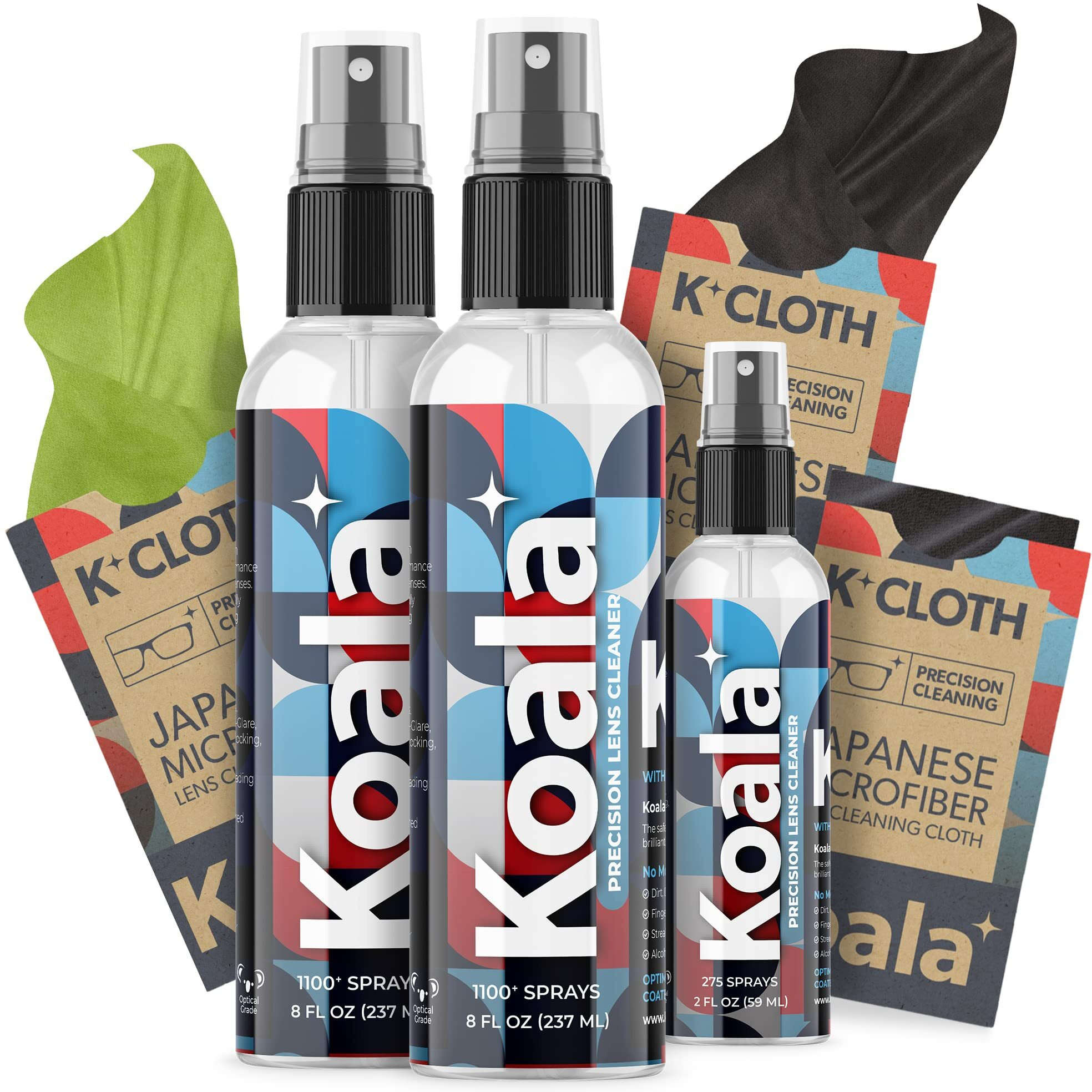 Koala Eyeglass Lens Cleaner Spray Kit | (2X) 8Oz + (1X) 2Oz Glasses Cleaner Bottle + (3X) Microfiber Cloth | Alcohol Free Eyeglasses, Screen, And Camera Cleaning Kit (6 Piece Set)