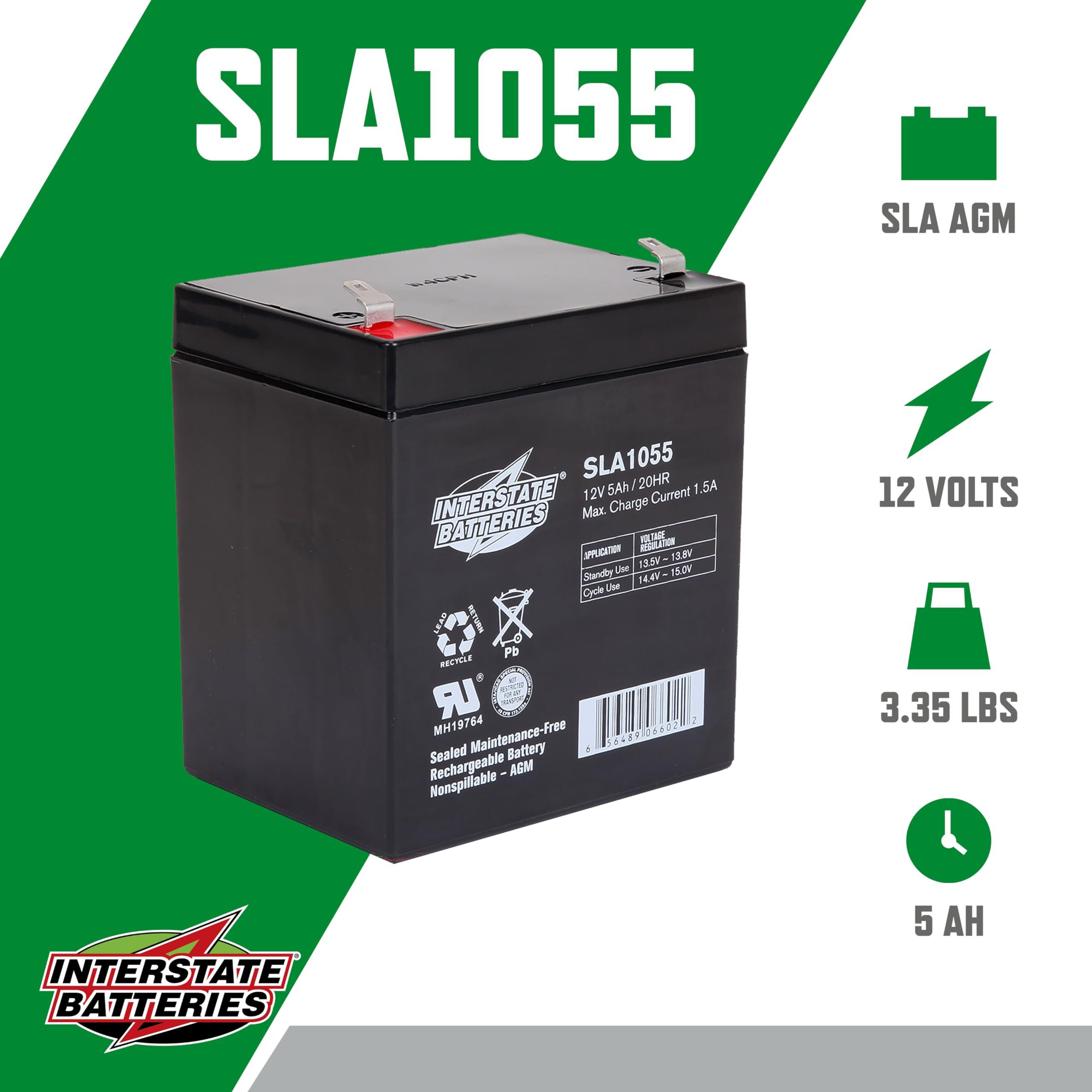 Interstate Batteries 12V 5Ah Battery (F1 Terminal) Sla Agm Vrla Rechargeable Replacement For Alarms, Security, Garage Door Openers For Chamberlain, Genie, Liftmaster, Craftsman, Workhorse (Sla1055)