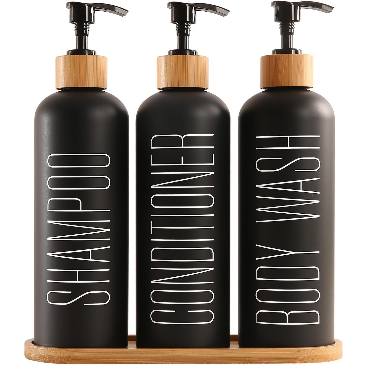 Prus Waso Shampoo And Conditioner Dispenser, Contains Shampoo Conditioner Body Wash Dispenser. Shower Dispenser With Bamboo Pumps & Tray, Perfect For Bathroom Essentials For New Home. (Black)
