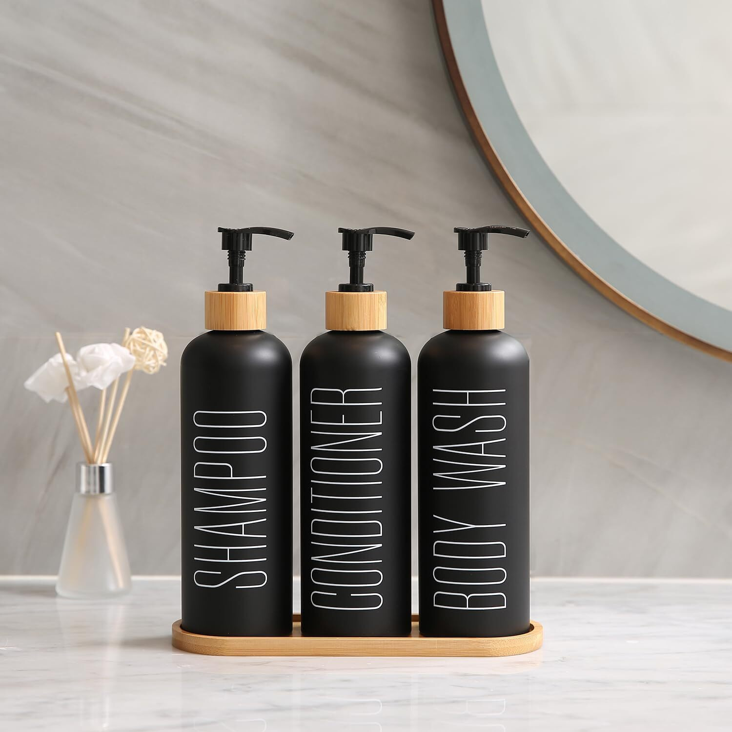 Prus Waso Shampoo And Conditioner Dispenser, Contains Shampoo Conditioner Body Wash Dispenser. Shower Dispenser With Bamboo Pumps & Tray, Perfect For Bathroom Essentials For New Home. (Black)