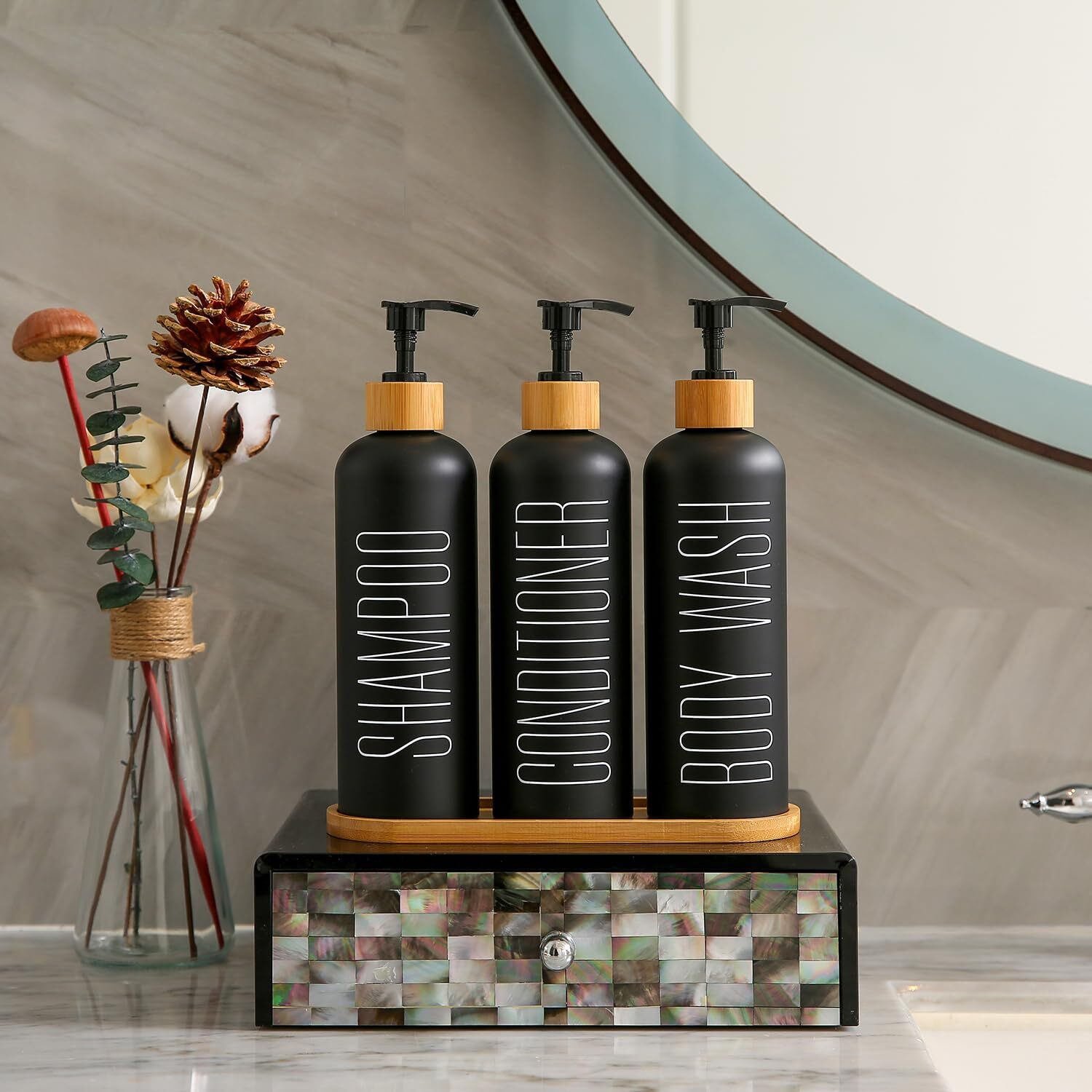 Prus Waso Shampoo And Conditioner Dispenser, Contains Shampoo Conditioner Body Wash Dispenser. Shower Dispenser With Bamboo Pumps & Tray, Perfect For Bathroom Essentials For New Home. (Black)