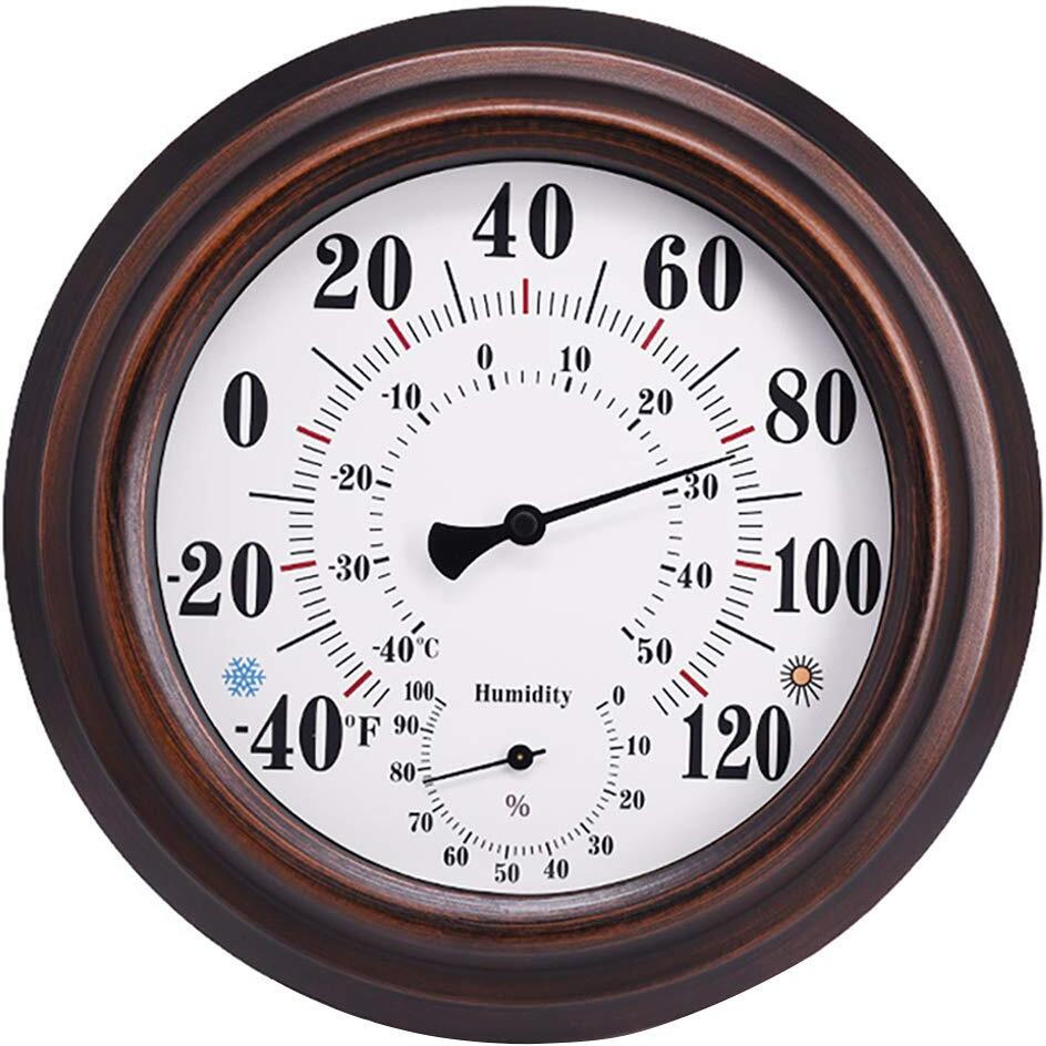 Indoor Outdoor Thermometer - Premium Steel Wall Thermometer Hygrometer For Patio, Wall Or Decorative, No Battery Required Hanging Thermometer 8"" Round Diameter (Bronze)