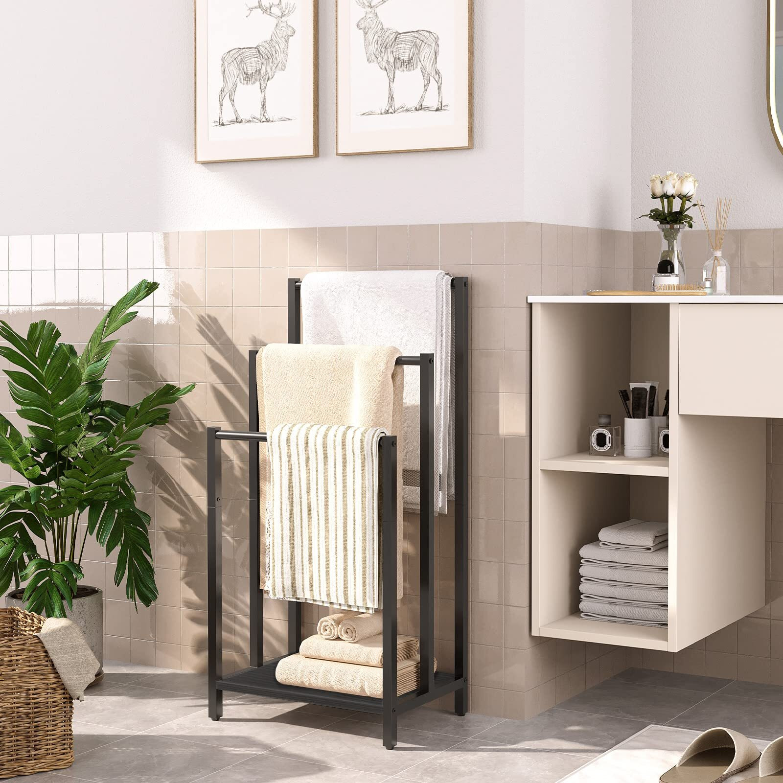 Hoobro Free Standing Towel Rack, 3 Tier Blanket Rack, Blanket Holder For Bathroom, 16.9"" L X 11"" W X 31.9"" H, Industrial Metal Drying And Display Rack With Shelf, Black Bb03Lb01