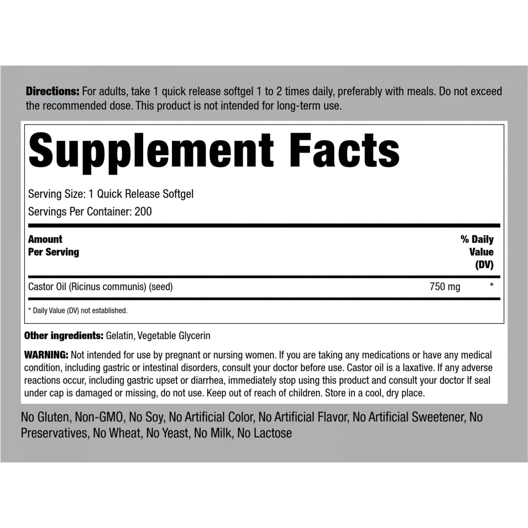 Piping Rock Castor Oil Softgel Capsules 750Mg | 200 Count | Cold Pressed | Non-Gmo, Gluten Free Supplement