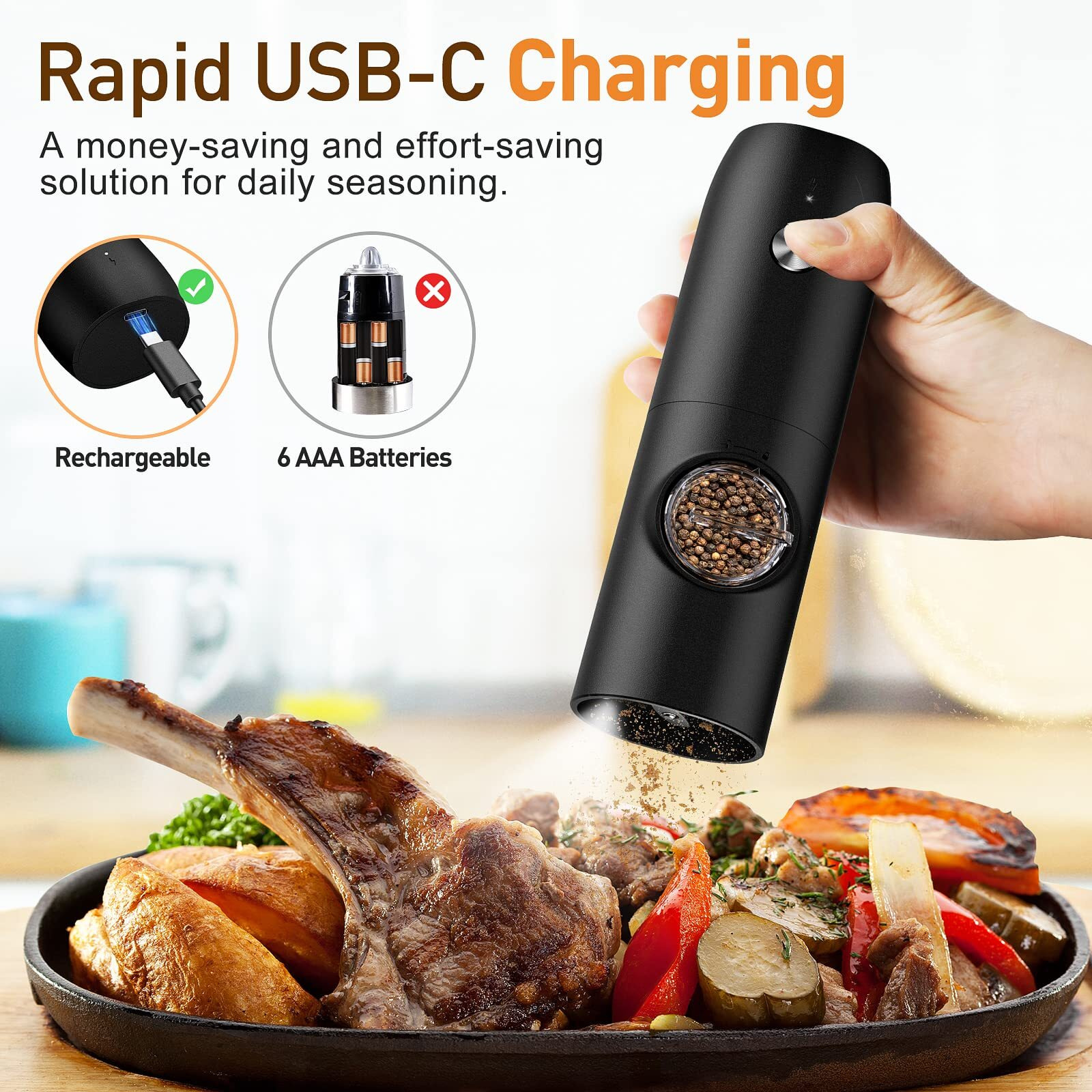 Electric Salt And Pepper Grinder Set (2 Pack), Rechargeable - No Battery Needed - Automatic Salt Pepper Mill Grinder, Adjustable Coarseness, Led Light, One-Hand Operation For Kitchen Bbq