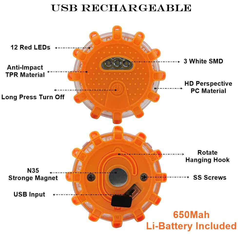 Ecoangel Usb Rechargeable Led Road Flares Emergency Lights-Roadside Warning Car Safety Beacon Flashing Disc Flare Kit With Magnetic Base For Vehicles & Boat | 3 Beacon Disc Pack