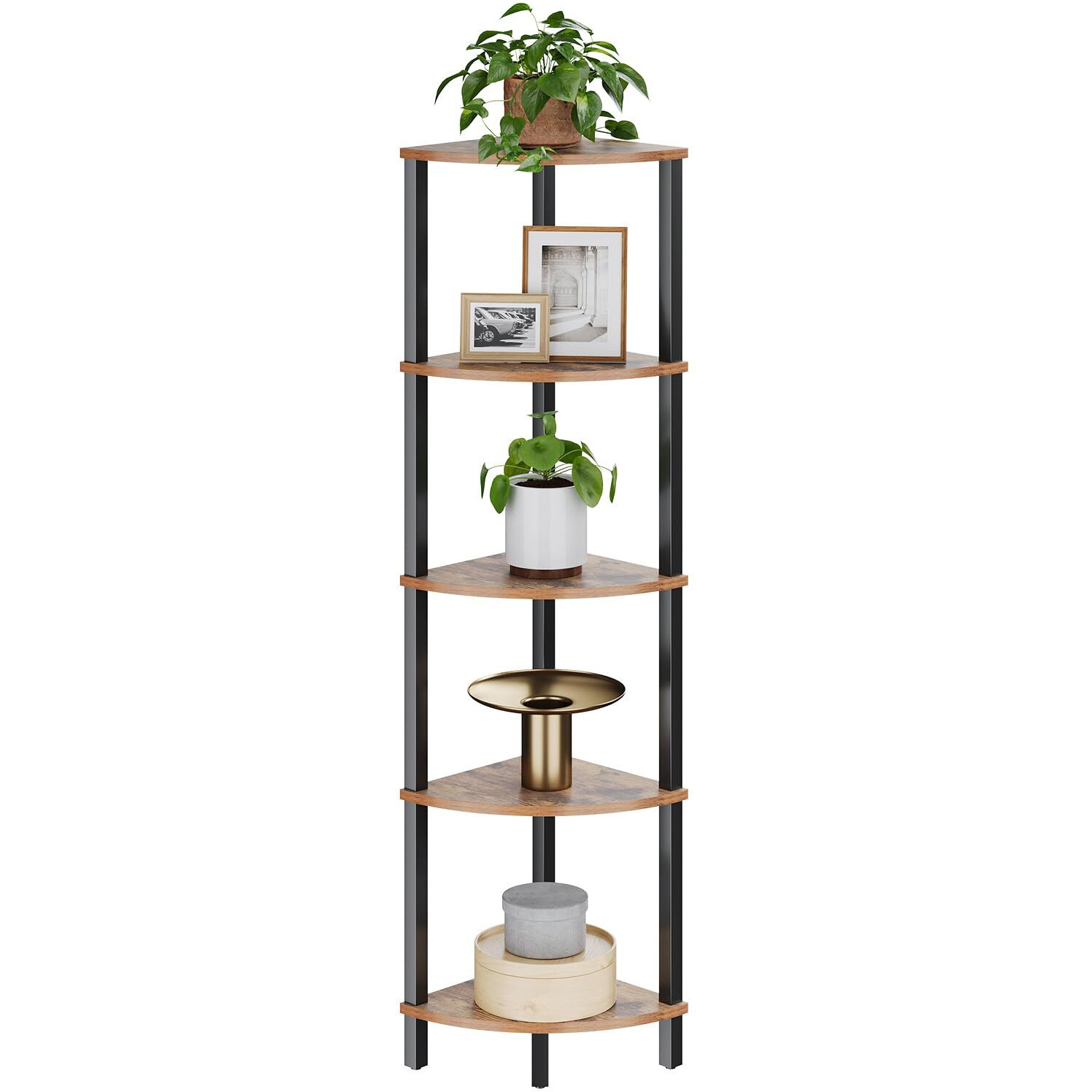 Vimber Corner Shelf, 5-Tier Corner Bookshelf, Industrial Corner Ladder Shelf, Rustic Display Shelf For Living Room, Bedroom, Kitchen, Home Office, Rustic Brown And Black Ujsj001H