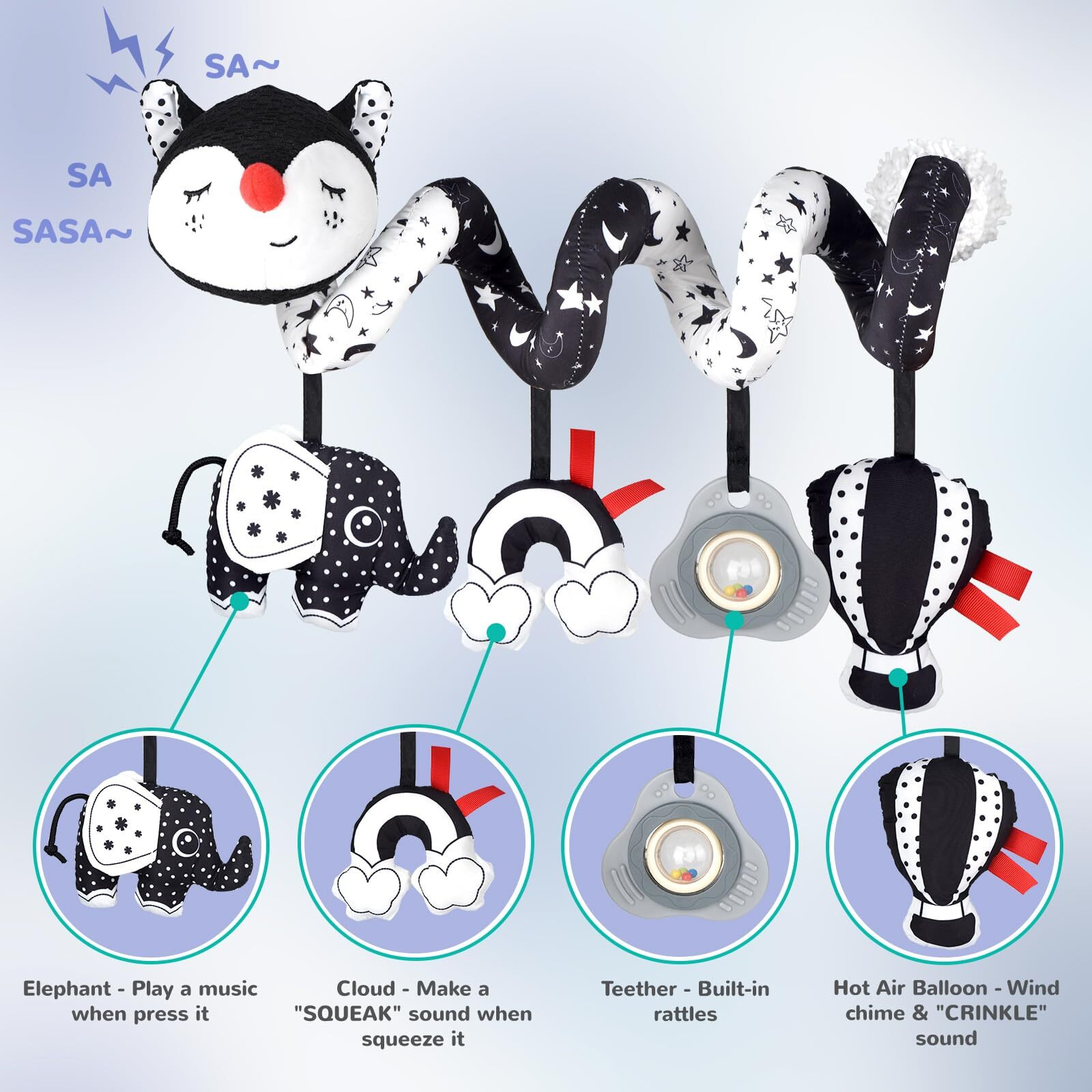 Xixiland Musical Car Seat Toys Black And White Baby Toys, Infant Toys 0-6 Months Stroller Toys Newborn Toys, High Contrast Baby Toys For Newborn, For 0 3 6 9 12 Months Girls Boys Babies